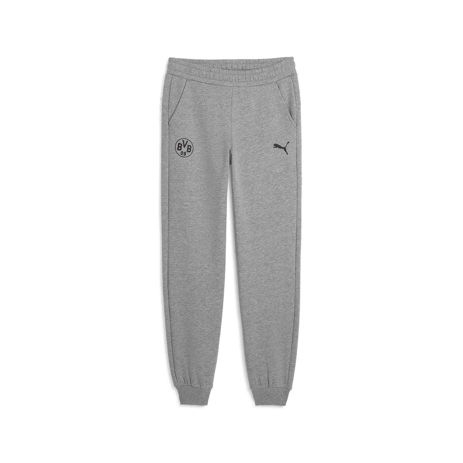 Vorderansicht der grauen BVB Freizeithose Essential mit BVB-Emblem und schwarzem Puma-Logo auf den Oberschenkeln.