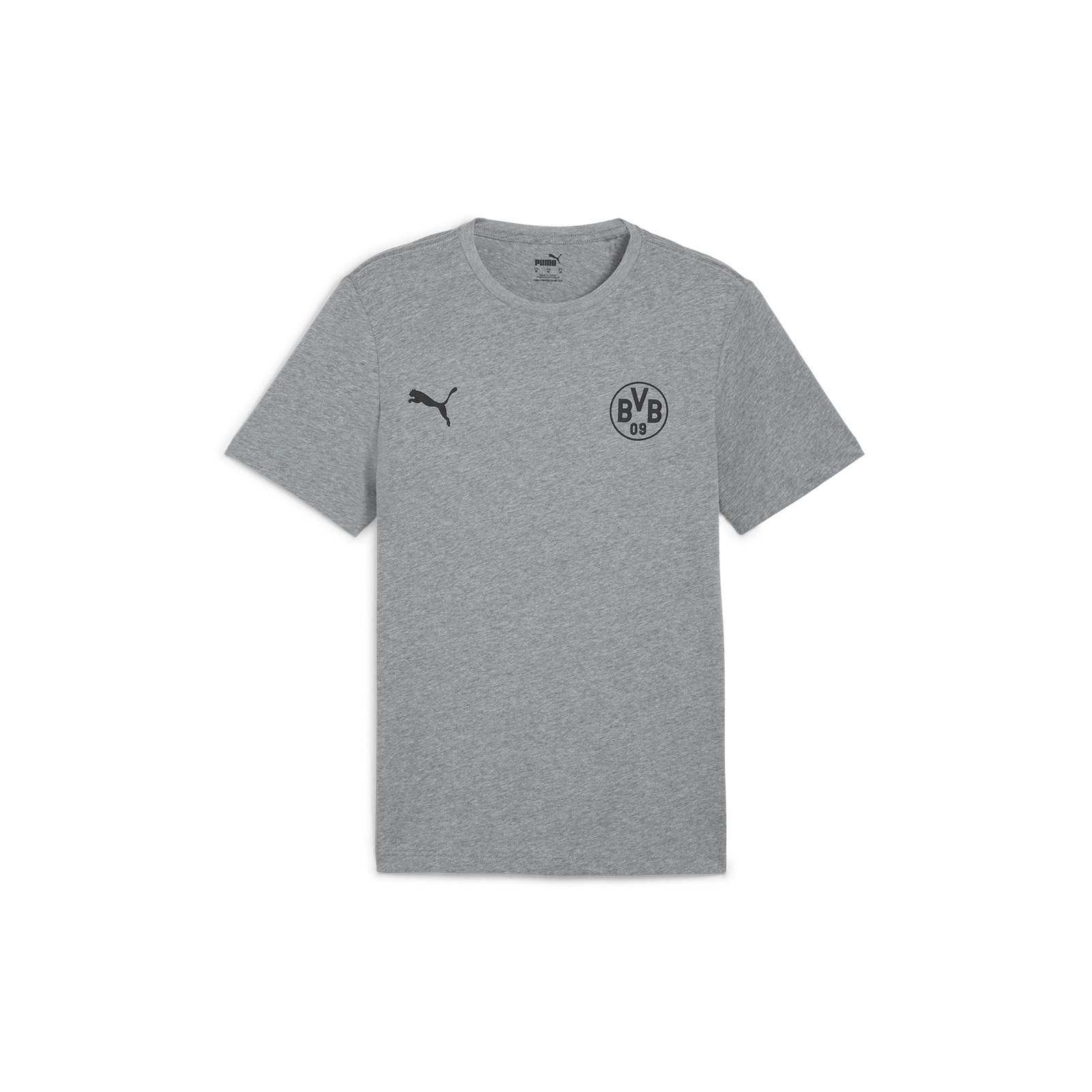 Vorderansicht des BVB T-Shirt Essential grau für Kinder mit BVB-Emblem und Puma-Logo auf der Brust. Schlichtes Design in Grau.