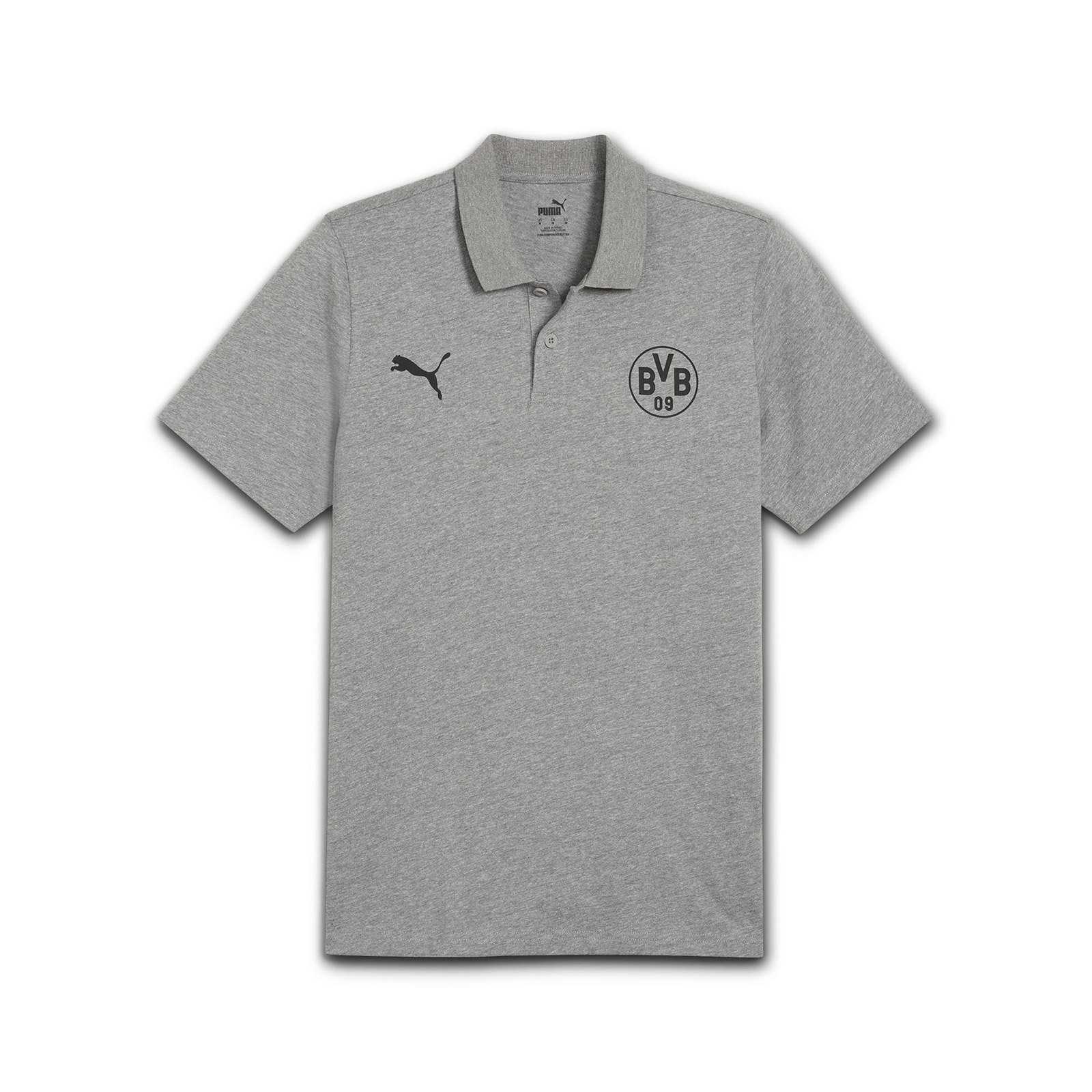 Vorderansicht des grauen BVB Polo Essential mit klassischem Kragen, schwarzem BVB-Emblem und Puma-Logo auf der Brust.