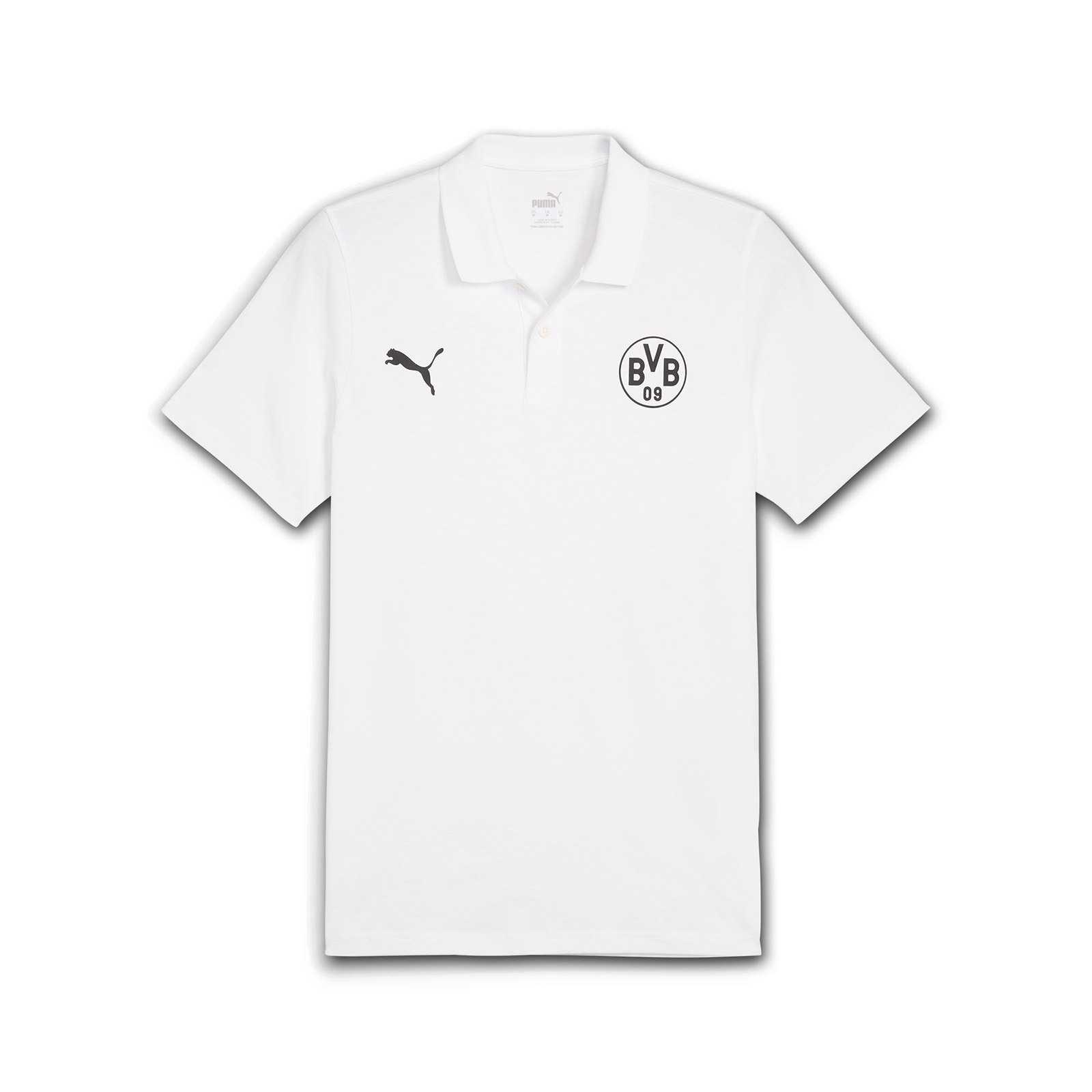 Vorderansicht des weißen BVB Polo Essential mit schwarzem BVB-Emblem und schwarzem Puma-Logo auf der Brust.