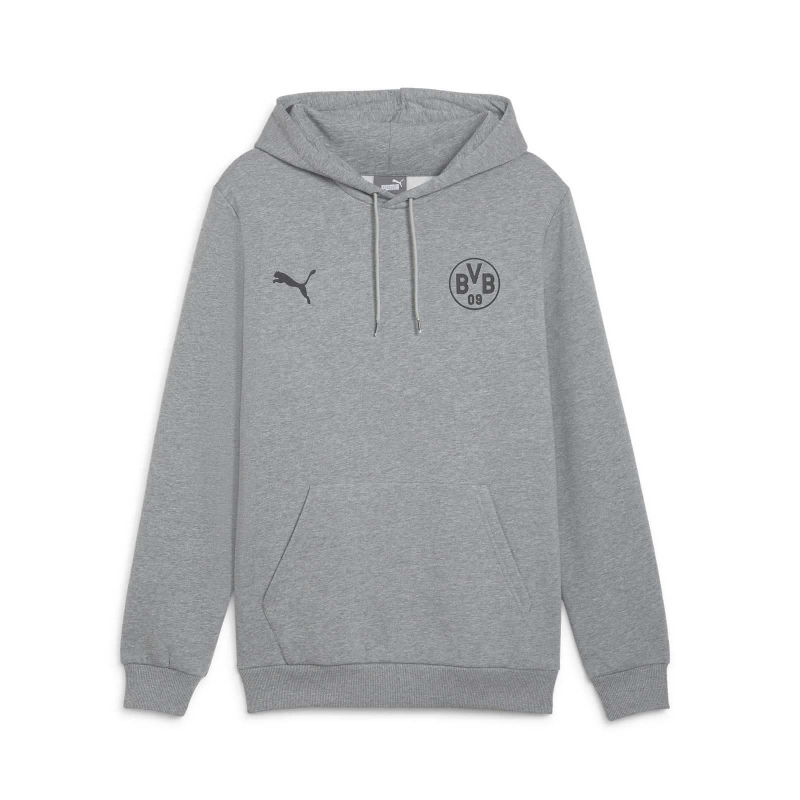 Vorderansicht des grauen BVB Hoodie Essential mit Kapuze, Kängurutasche, schwarzem BVB-Emblem und Puma-Logo auf der Brust.