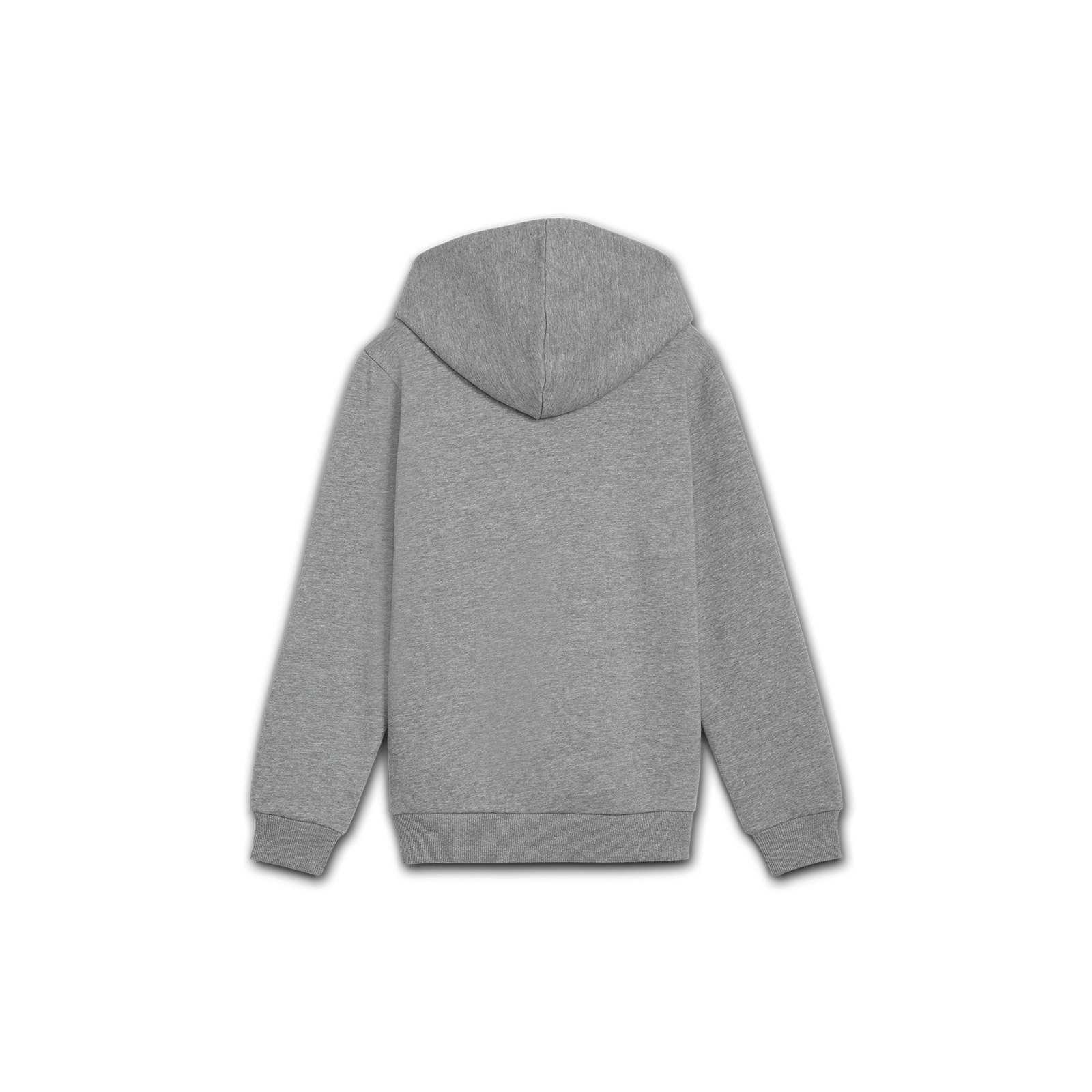 Rückansicht des grauen BVB Hoodie Essential für Kinder ohne sichtbares BVB-Emblem, mit Kapuze und Bündchen an Ärmeln sowie Saum.