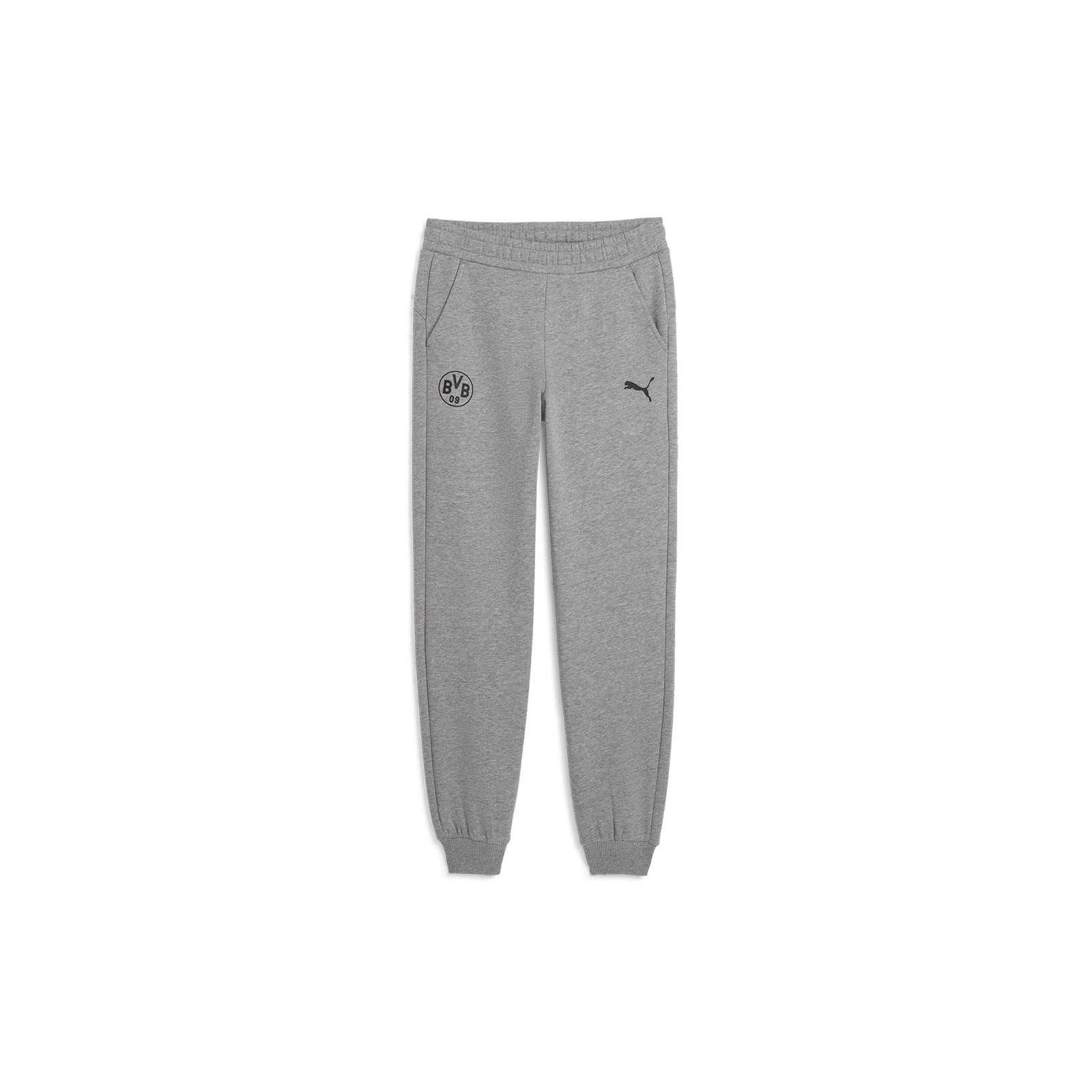 Vorderansicht der grauen BVB Freizeithose Essential für Kinder mit elastischem Bund, BVB-Emblem und Puma-Logo auf der Vorderseite.