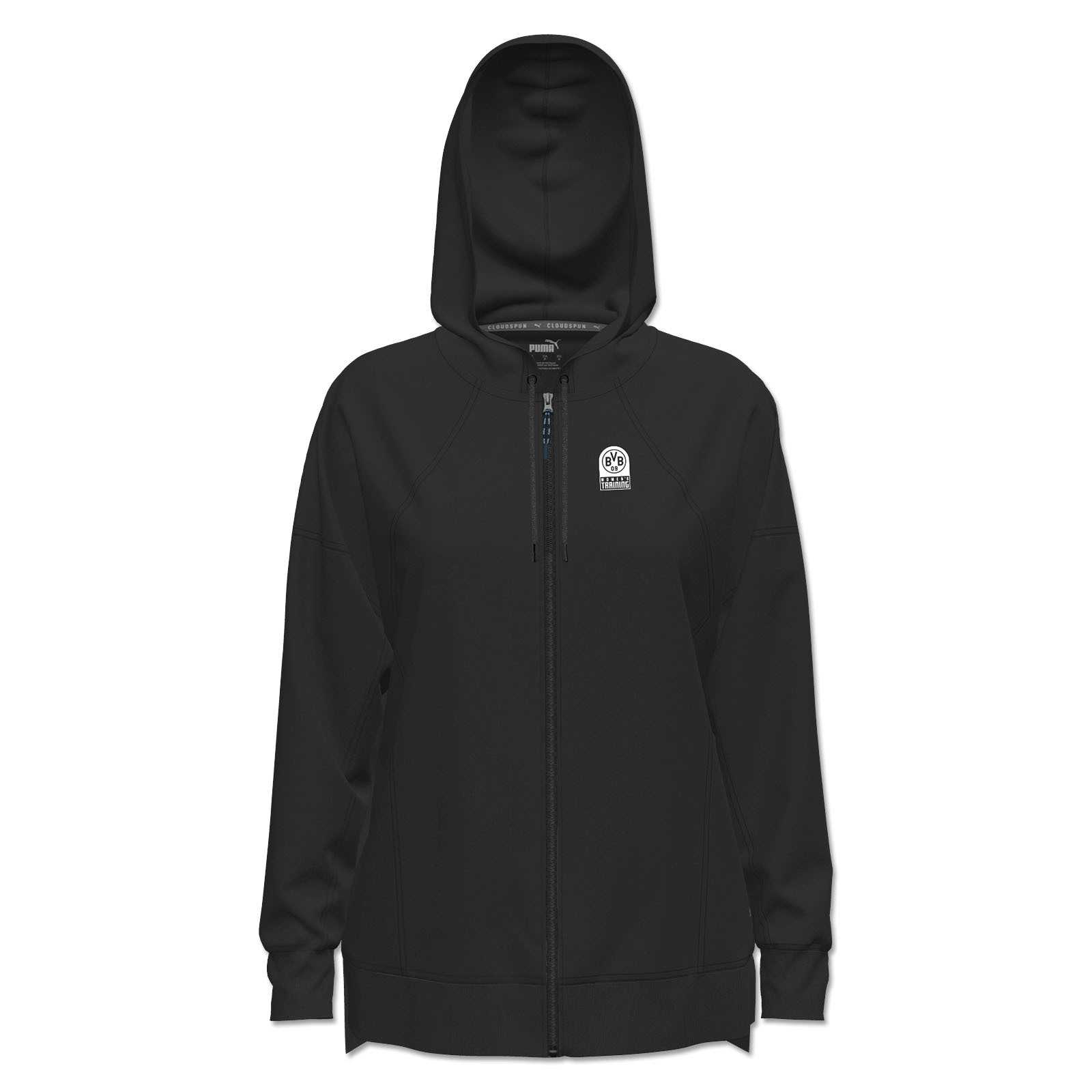 Vorderansicht des schwarzen BVB x PUMA Gym Zip Hoodie Damen mit Kapuze, Reißverschluss und kleinem BVB-Emblem auf der linken Brust.