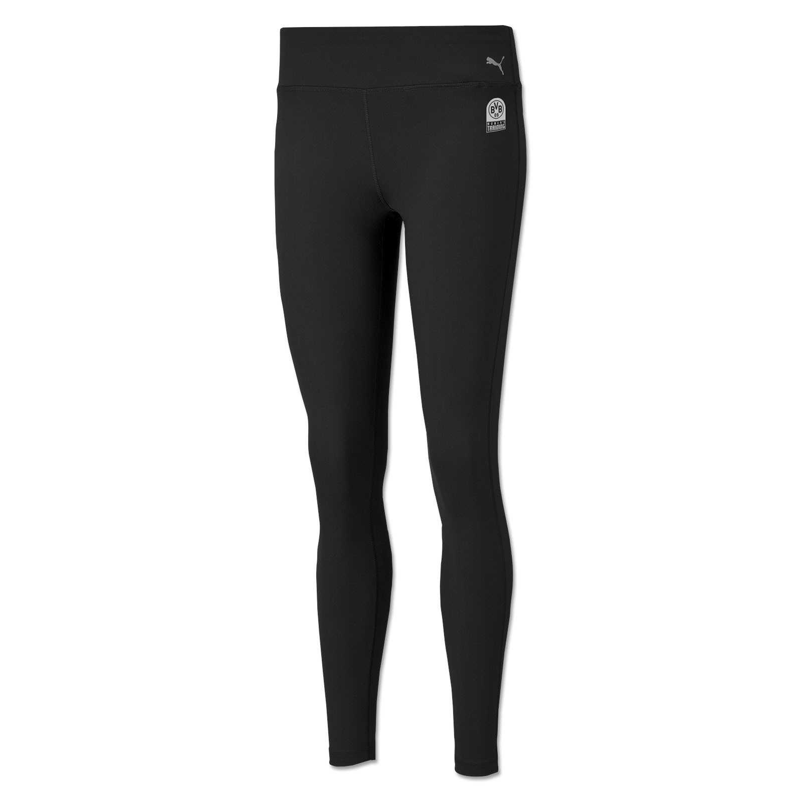 Vorderansicht der BVB x PUMA Gym Tight black Damen in Schwarz mit sichtbarem BVB-Emblem und PUMA-Logo auf der Hüfte.