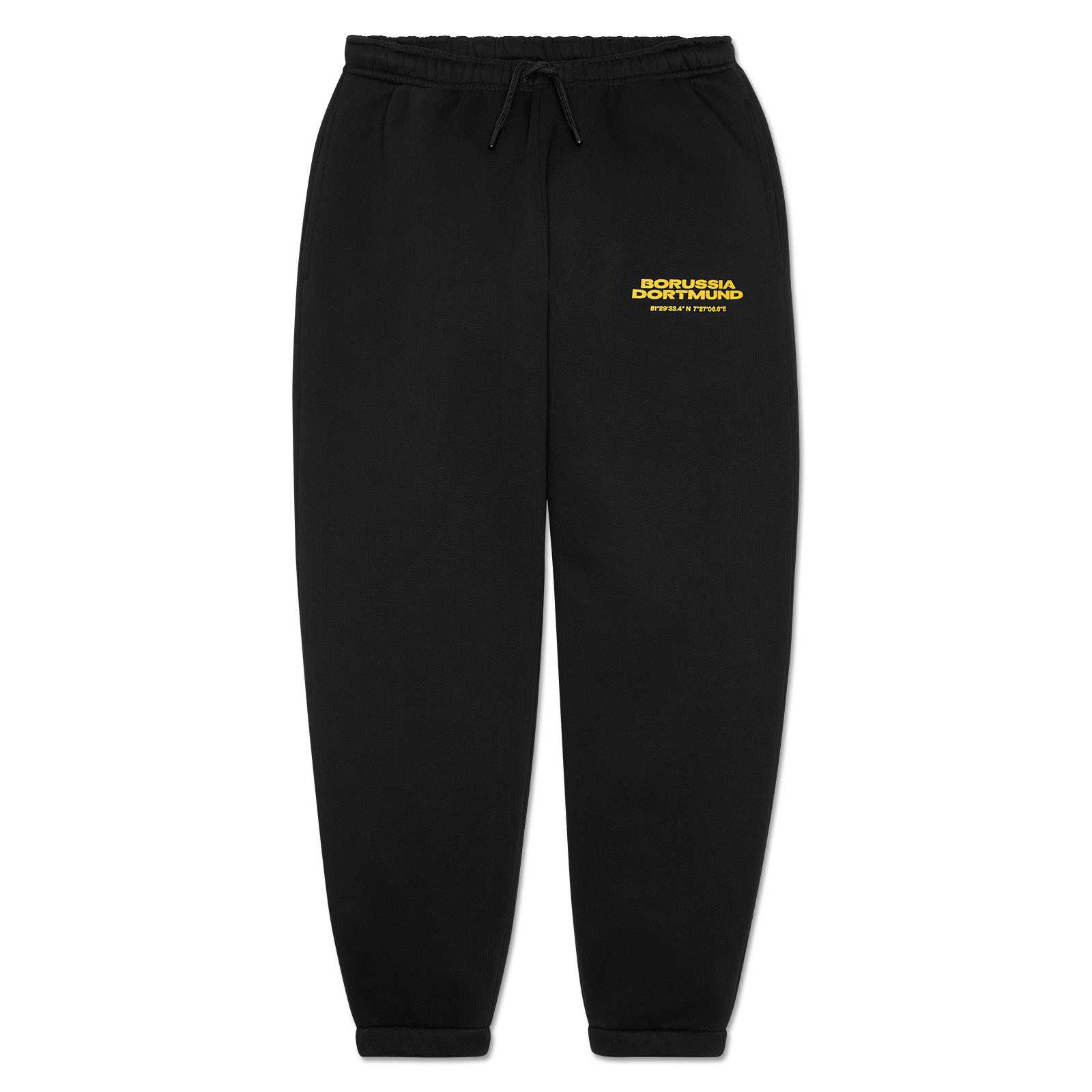 Vorderansicht der schwarzen BVB-Hose mit gelbem Schriftzug auf der linken Hosentasche.