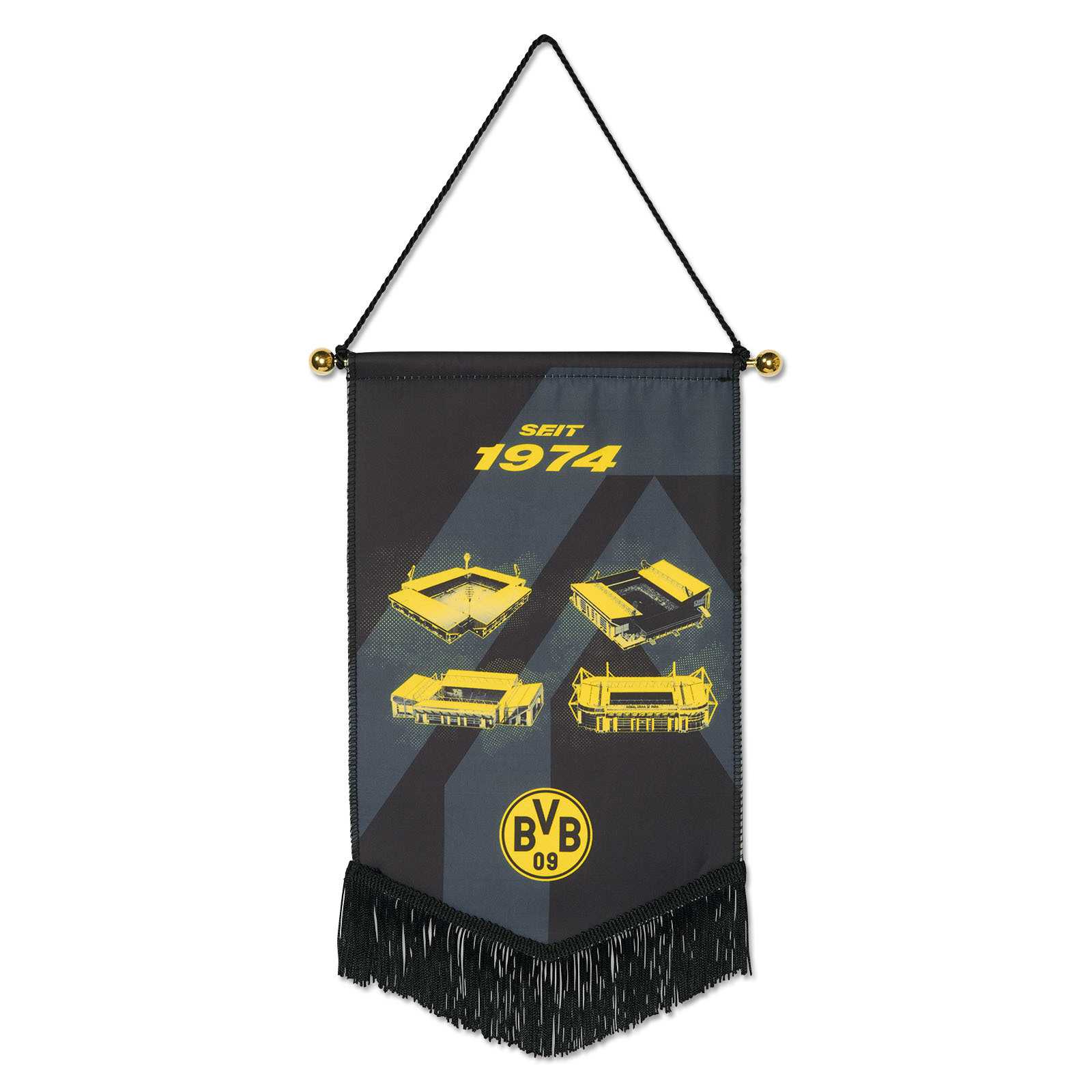 Frontalansicht des BVB Schmuckwimpel (30 cm) in schwarzgelb mit BVB-Emblem, Stadionmotiven und der Aufschrift "Seit 1974", unten mit Fransen.