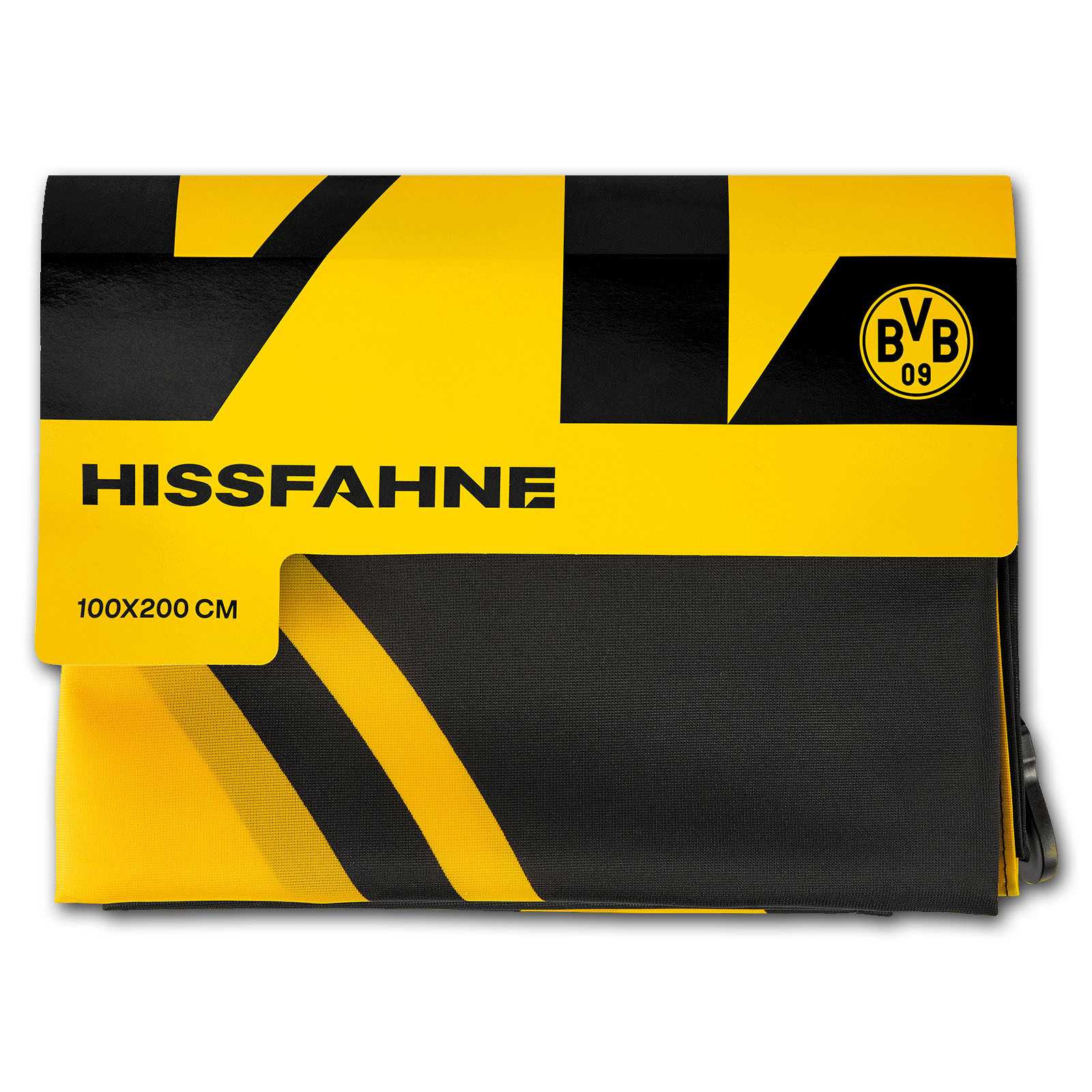 Gefaltete BVB Hissfahne in schwarzgelb mit dynamischem Muster, sichtbarem BVB-Emblem und der Aufschrift „HISSFAHNE“; Frontansicht.