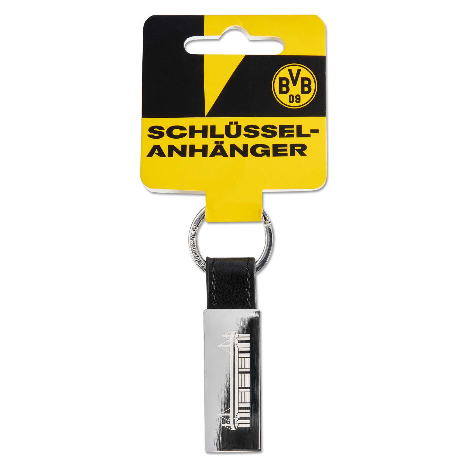 Vorderansicht des BVB Schlüsselanhängers Stadion mit SIGNAL IDUNA PARK-Motiv, schwarzem Lederband und BVB-Emblem auf der schwarzgelben Verpackung.