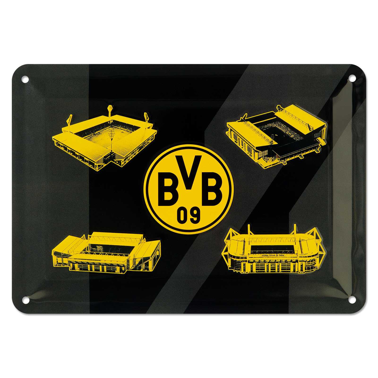 Vorderansicht des BVB-Blechschild Tempel in schwarzgelb mit BVB-Emblem und vier Stadion-Illustrationen des SIGNAL IDUNA PARK.