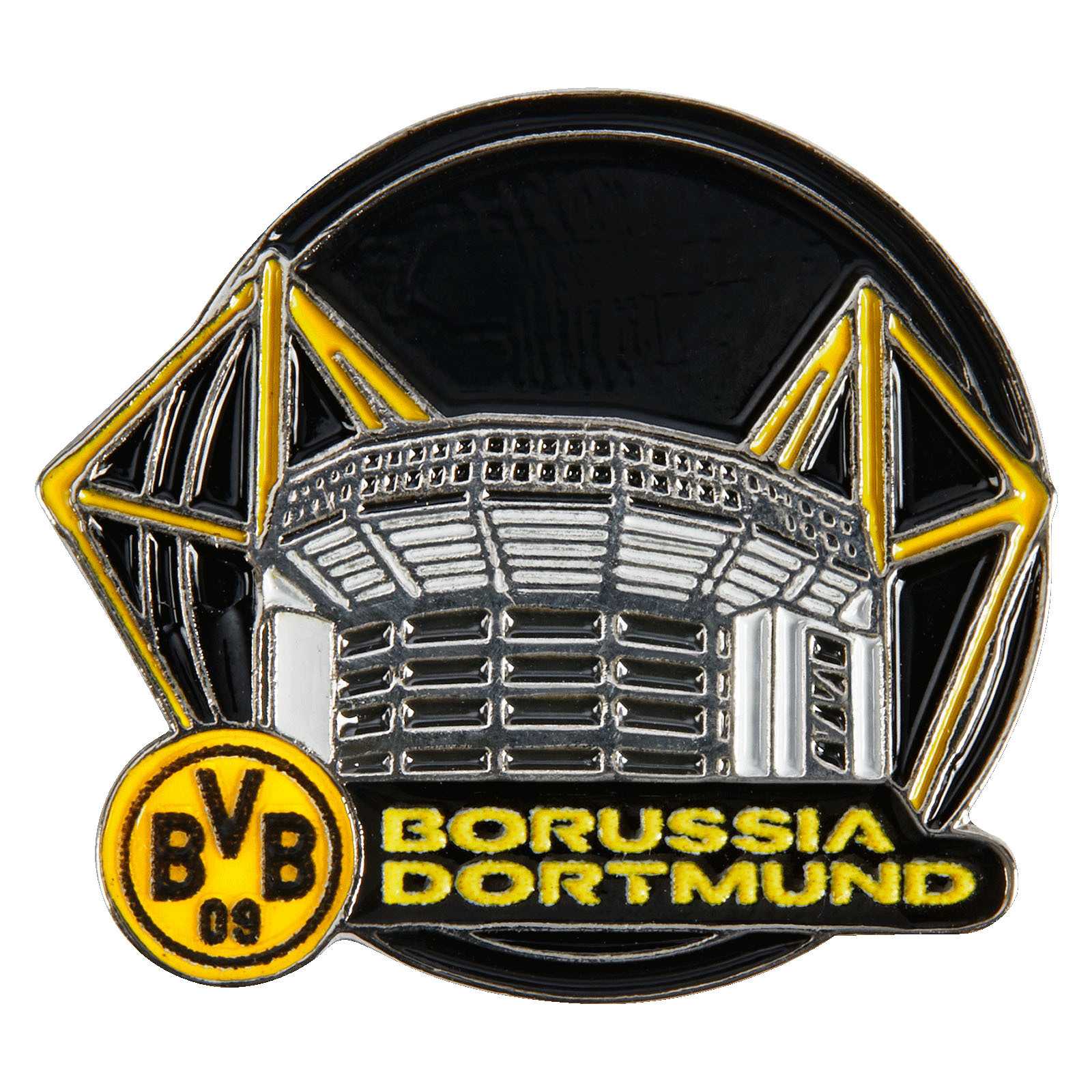 Vorderansicht des BVB Pin Stadion, zeigt das SIGNAL IDUNA PARK in silber mit schwarzgelben Elementen, BVB-Emblem und Schriftzug "Borussia Dortmund".