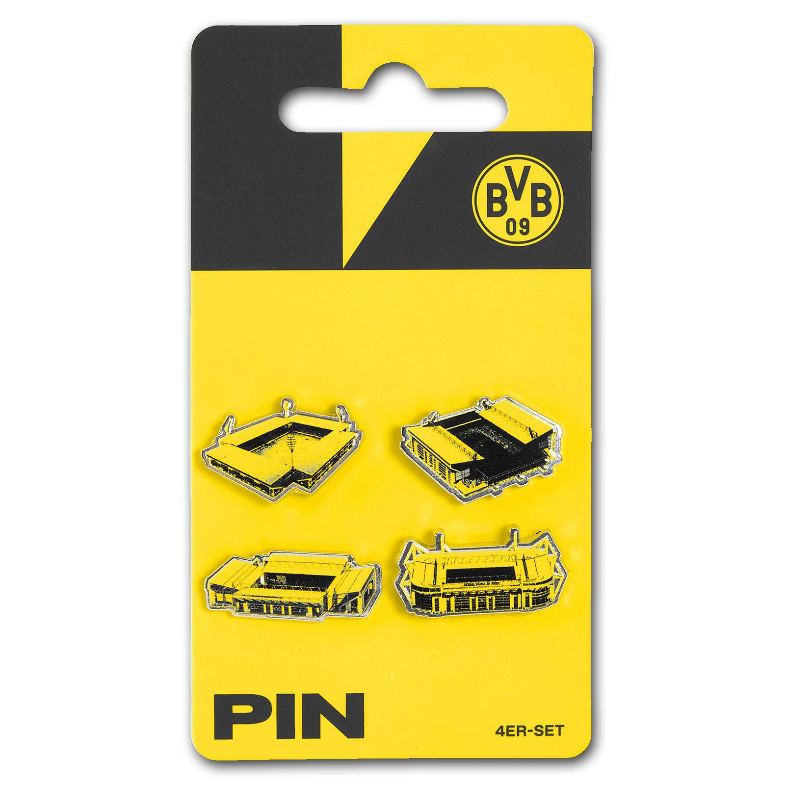 Vorderansicht des BVB Pin 4er-Set Stadion mit vier schwarzgelben Pins in Stadionform auf gelber Karte und sichtbarem BVB-Emblem.