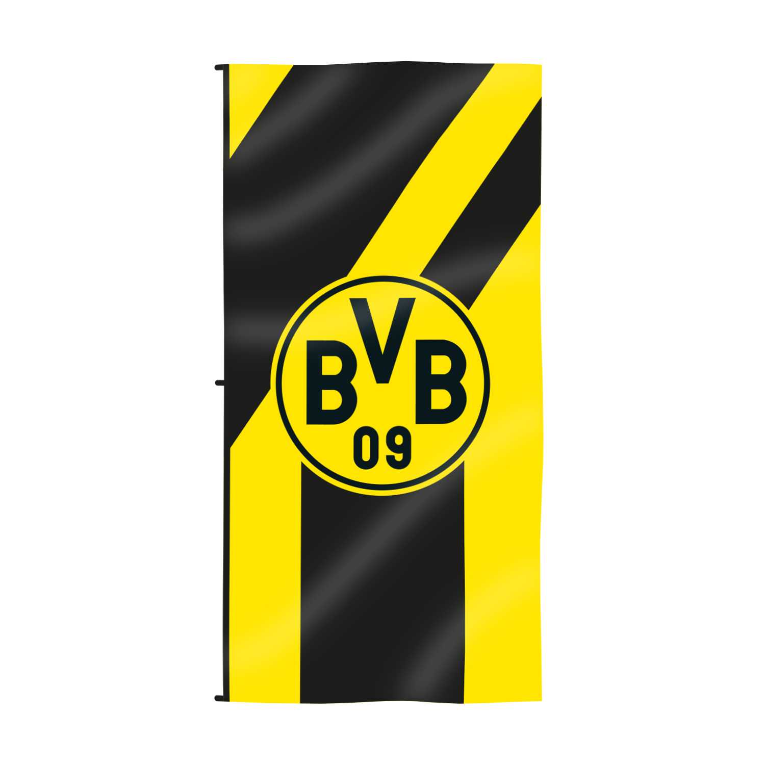 Vorderansicht der BVB Hissfahne in schwarzgelb mit schrägen Streifen und großem BVB-Emblem zentral auf der Flagge.