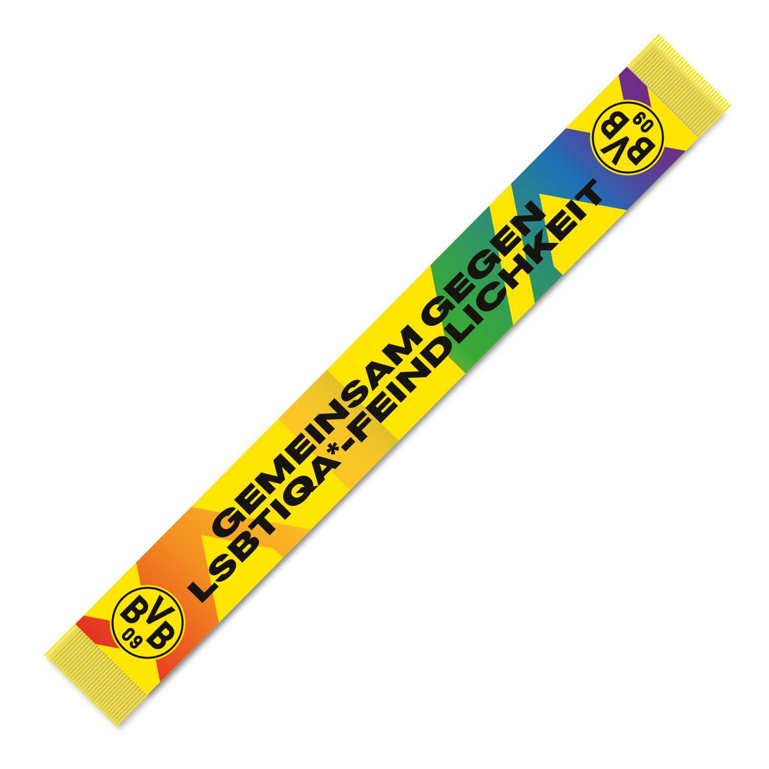 BVB Schal Borussia Verbindet in Regenbogenfarben mit schwarzgelbem Design, BVB-Emblem an beiden Enden und dem Schriftzug „GEMEINSAM GEGEN LSBTIQA*-FEINDLICHKEIT“, Draufsicht.