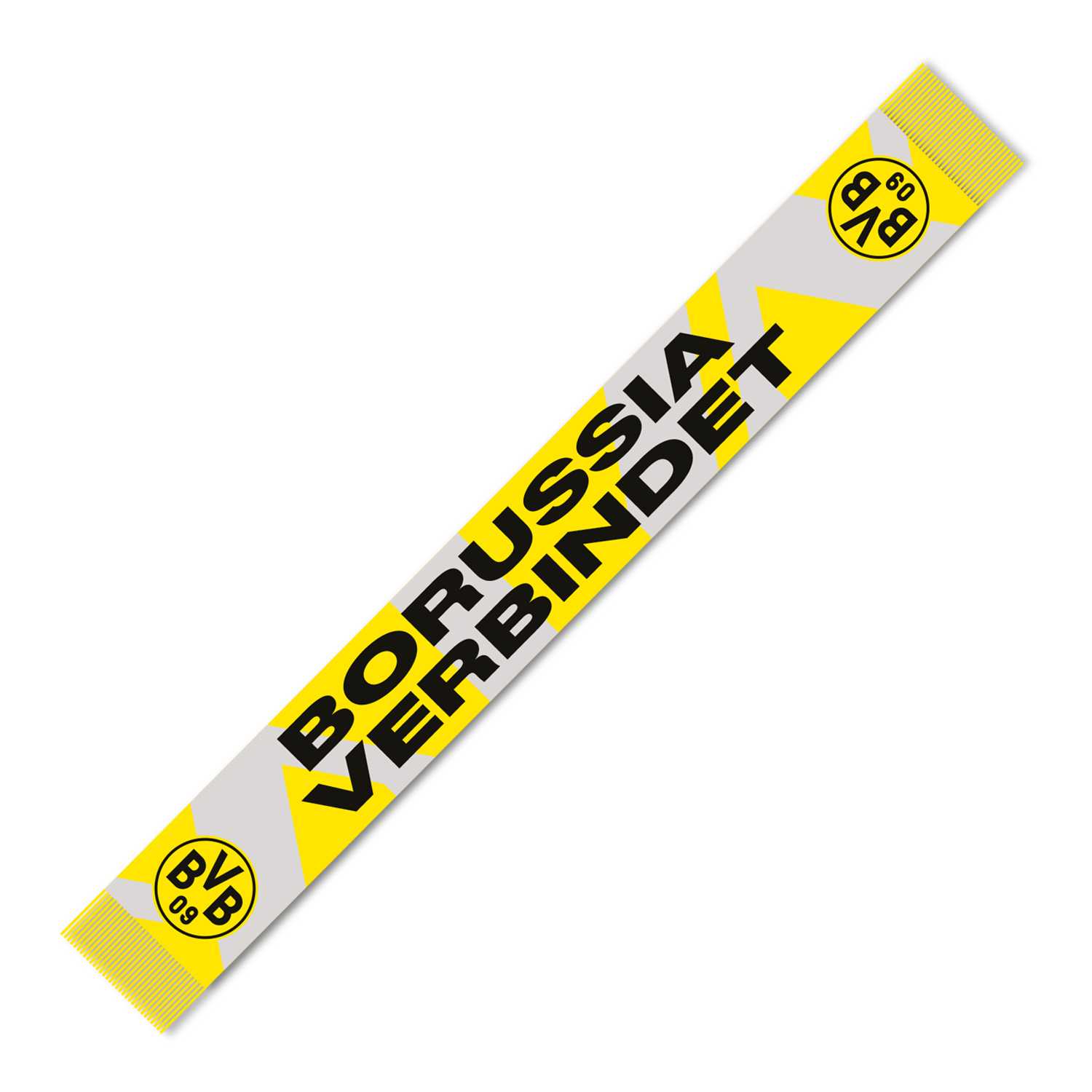 Frontalansicht des BVB Schals Gemeinsam gegen Rassismus in schwarzgelb mit BVB-Emblem und großem Schriftzug "BORUSSIA VERBINDET" auf weiß-gelbem Design.