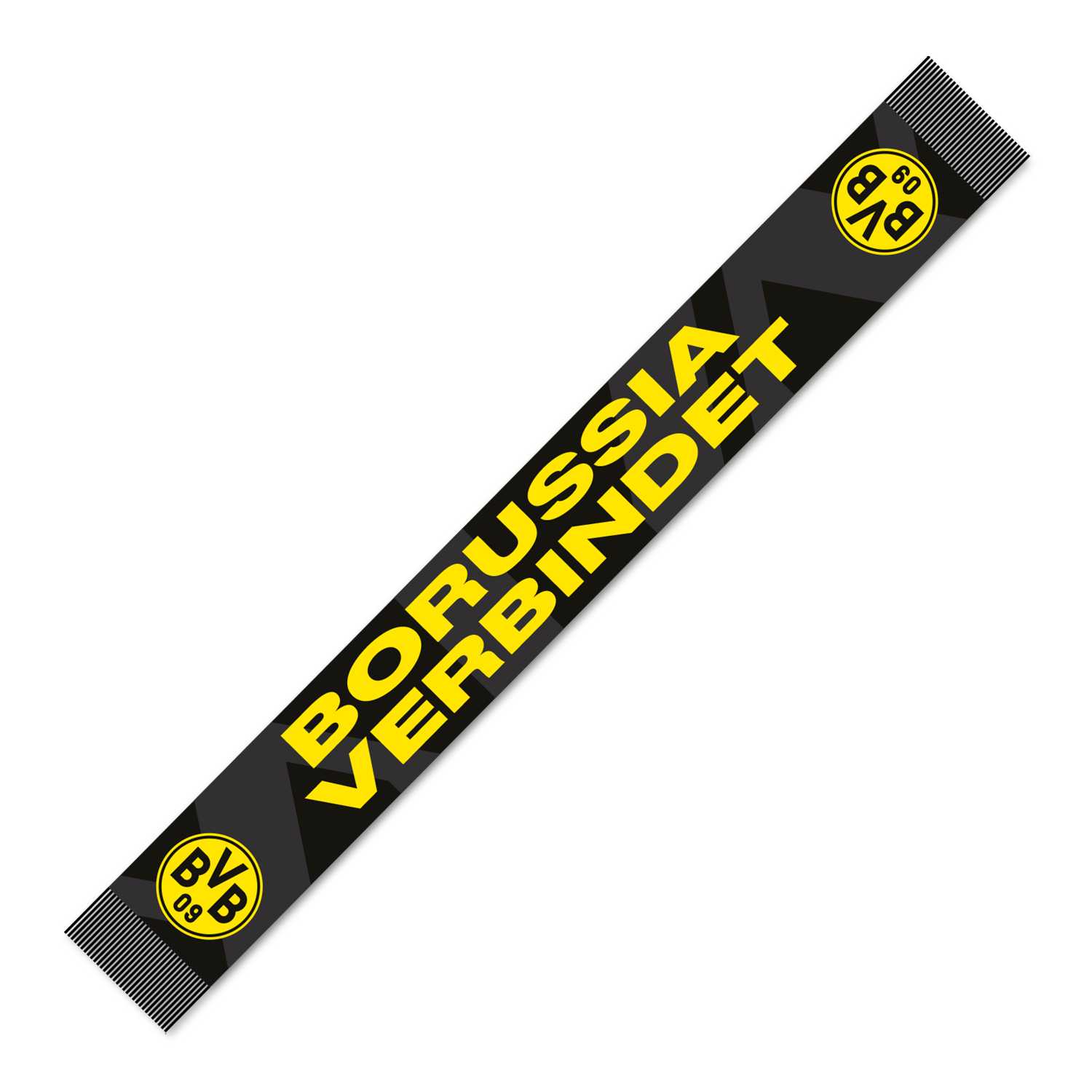 Vorderansicht des schwarzgelben BVB Schals Gemeinsam gegen Antisemitismus mit gelbem Schriftzug "BORUSSIA VERBINDET" und zwei BVB-Emblemen an den Enden.