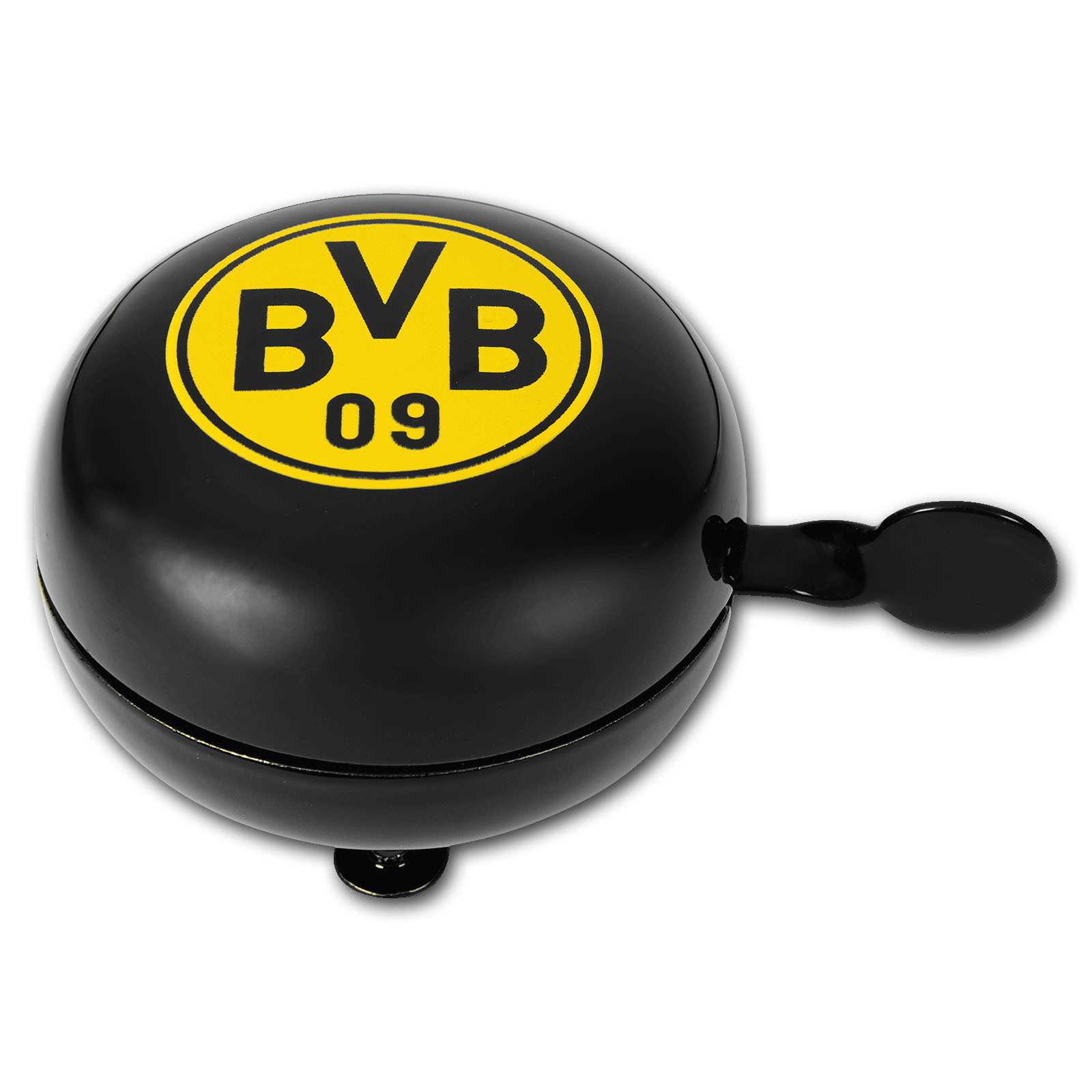 Nahaufnahme der schwarzgelben BVB Radklingel mit großem BVB-Emblem auf der Oberseite, Vorderansicht.