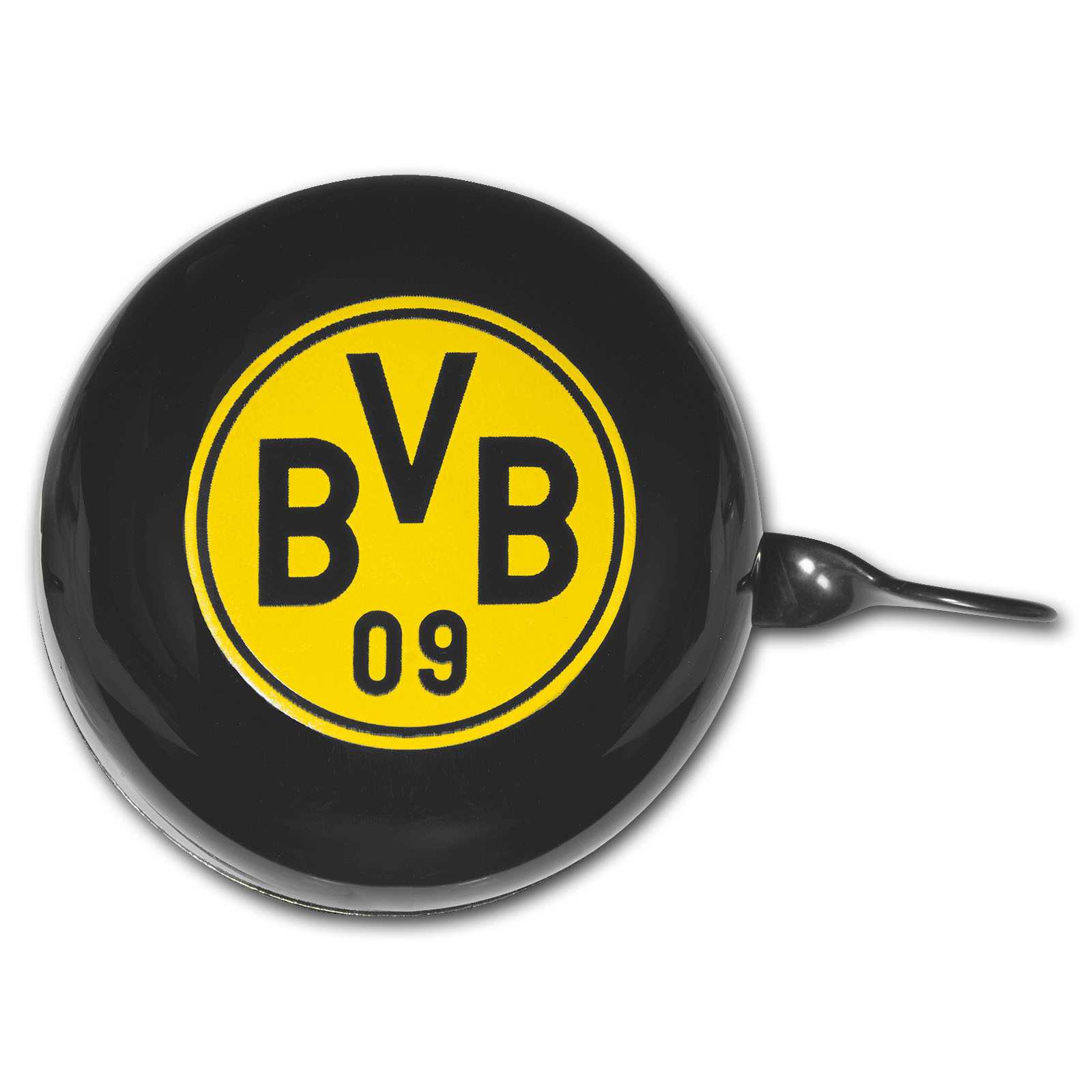 Frontalansicht der schwarzgelben BVB Radklingel mit großem BVB-Emblem in der Mitte. Das Produkt ist rund und glänzend.
