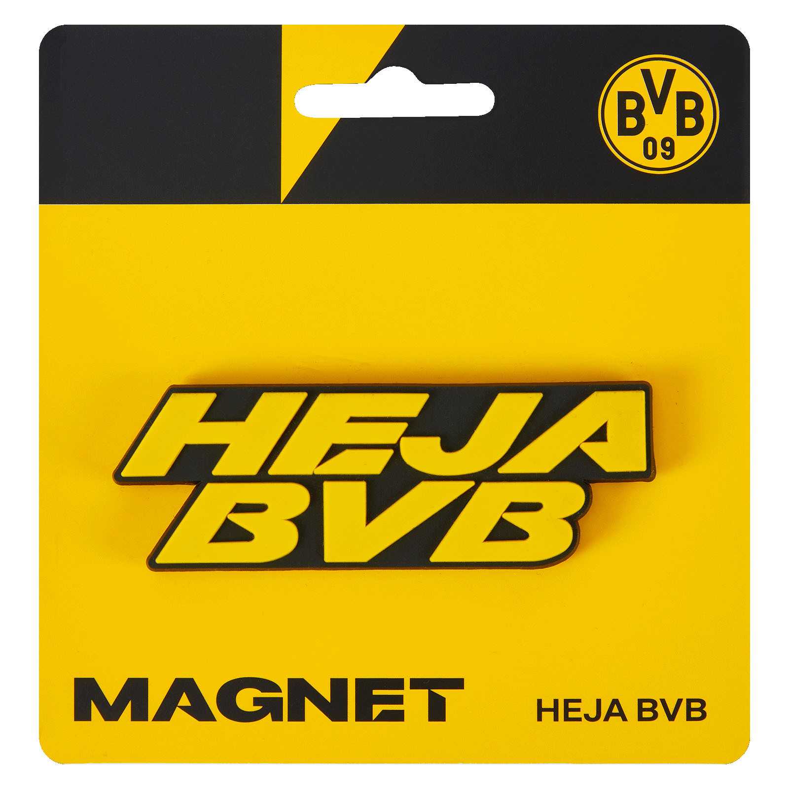 Frontansicht des BVB Magnet Heja BVB in schwarzgelb mit dem Schriftzug „Heja BVB“ und BVB-Emblem auf gelber Verpackung.
