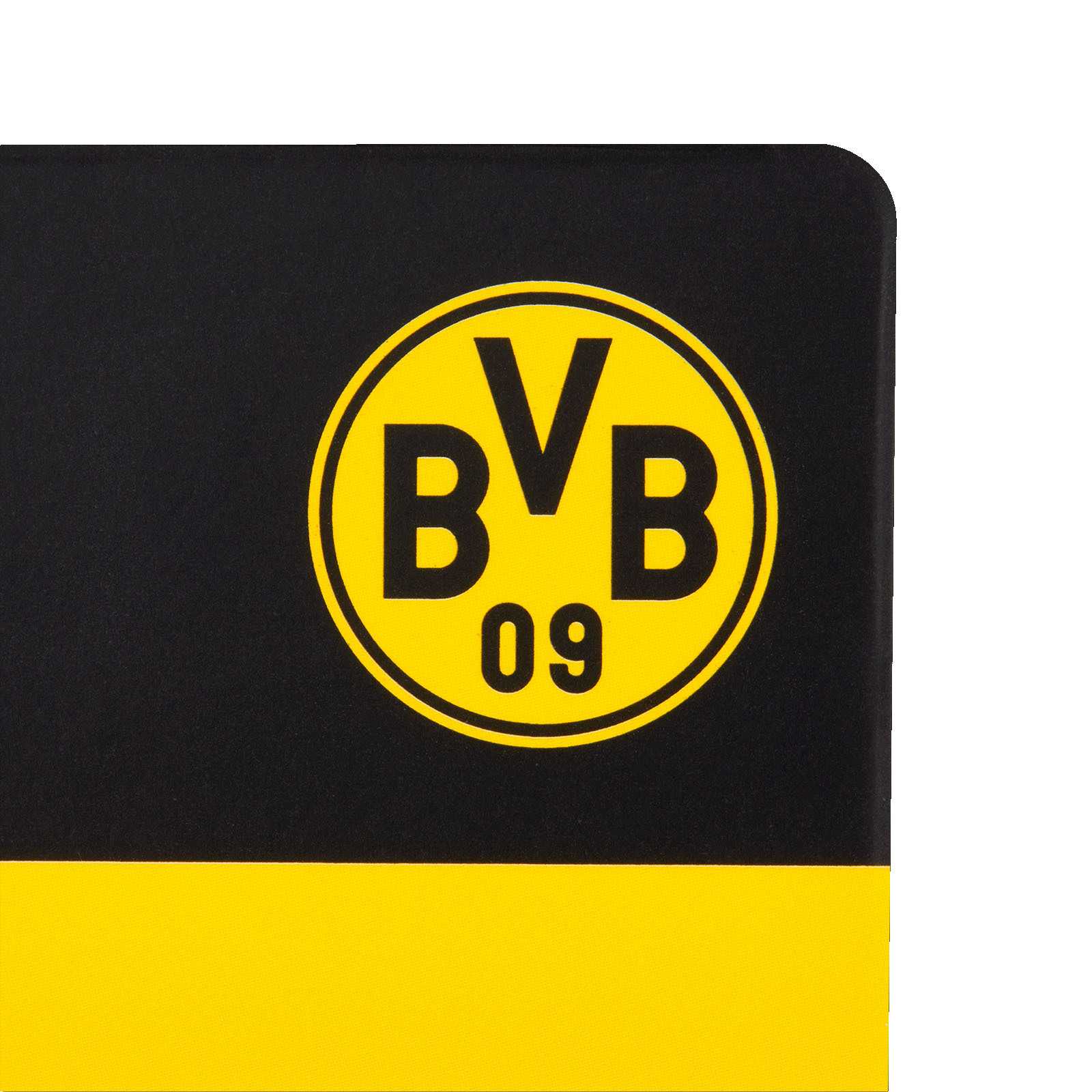 Detailansicht des BVB Magnet Heja BVB in schwarzgelb mit BVB-Emblem prominent auf schwarzem und gelbem Hintergrund.