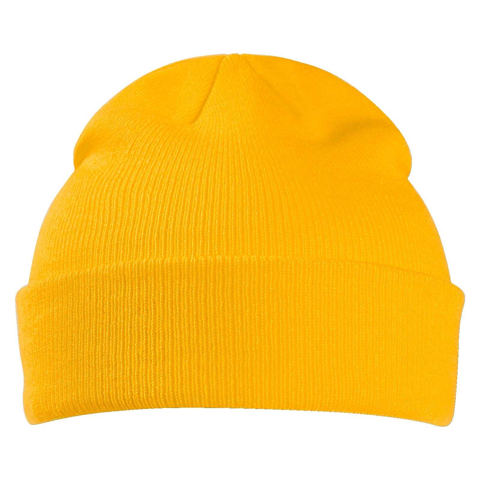 Vorderansicht der leuchtend gelben BVB Urban Beanie ohne sichtbares BVB-Emblem, schlichtes Design mit breiter Krempe.
