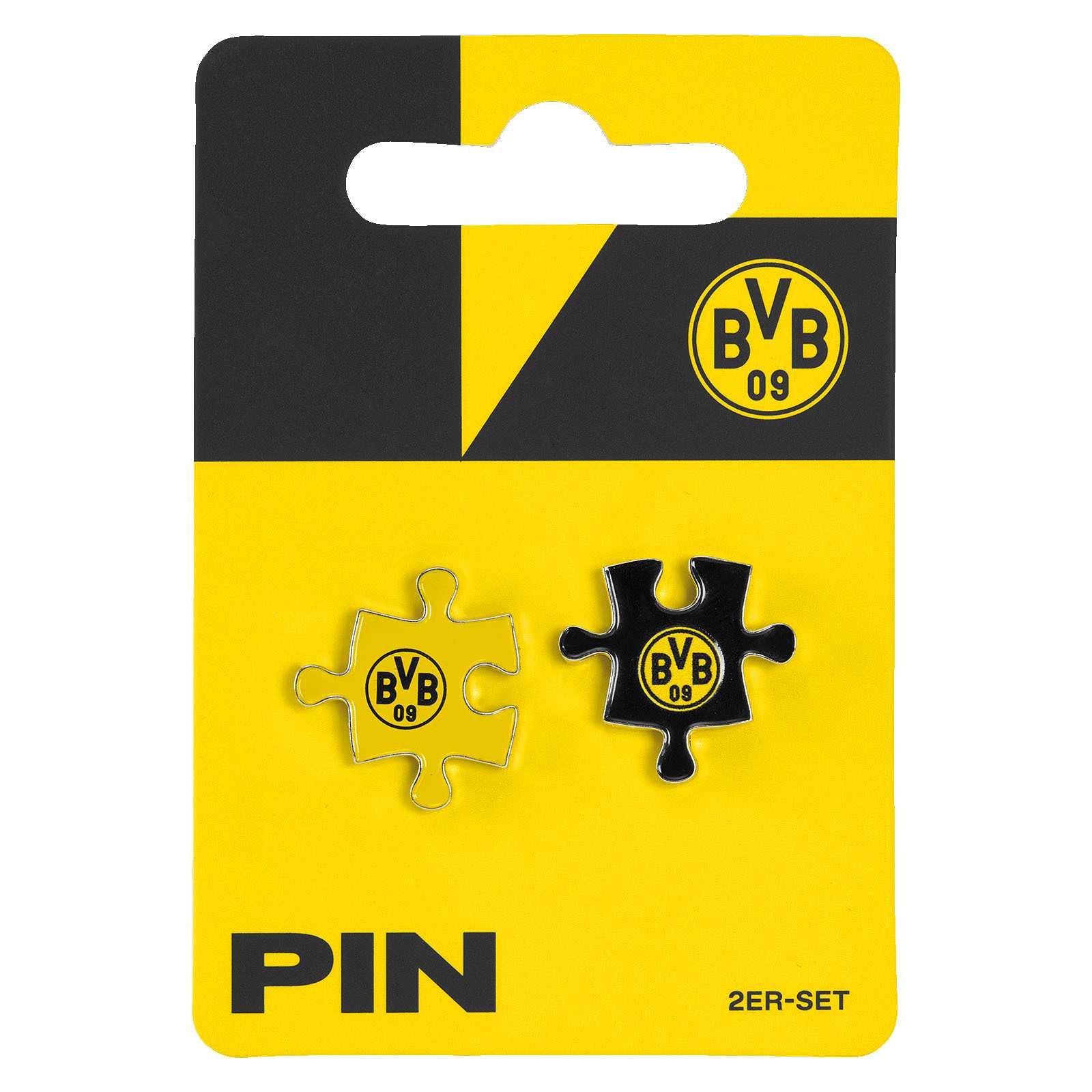 Vorderansicht des BVB Pin 2er Set Puzzelteile mit zwei schwarzgelben Puzzleteil-Pins, beide mit BVB-Emblem, auf gelber Kartenverpackung.