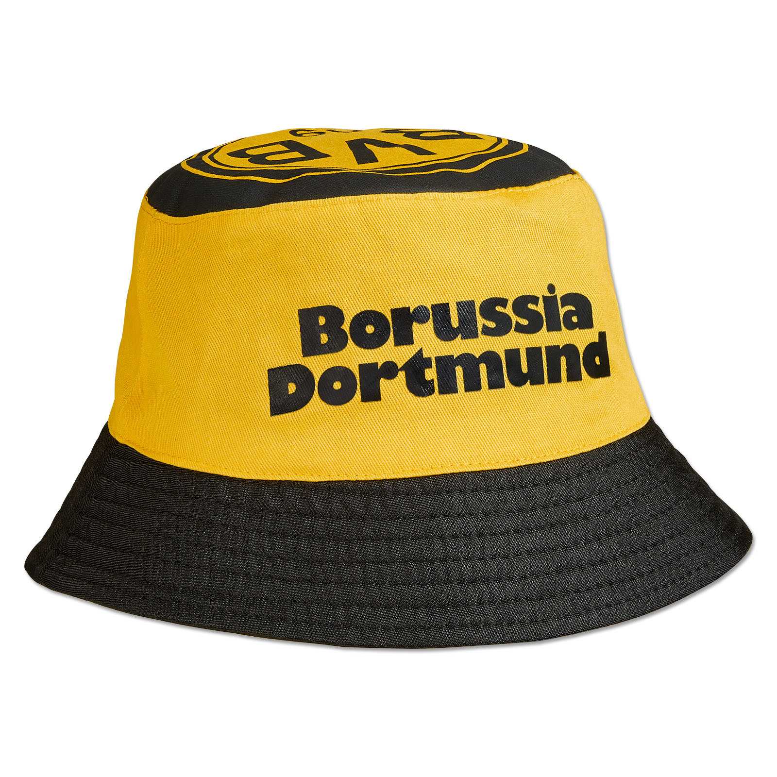 Frontansicht des BVB Fischerhut BVB09 in schwarzgelb mit großem "Borussia Dortmund"-Schriftzug und BVB-Emblem auf der Oberseite.