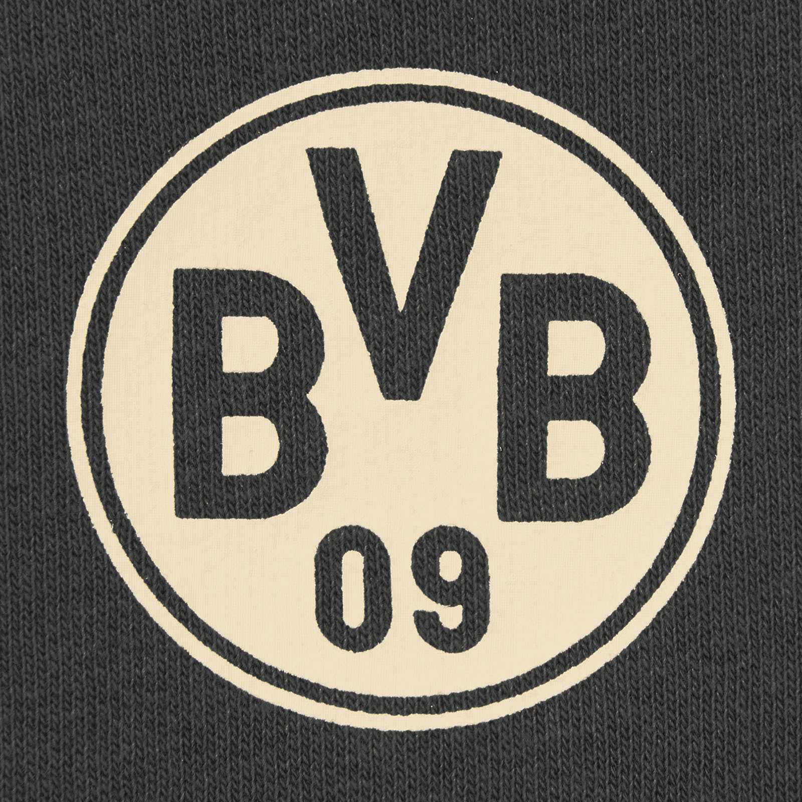 Detailansicht des BVB Type Crewneck Damen grey in Grau mit großem, cremefarbenem BVB-Emblem auf der Vorderseite.