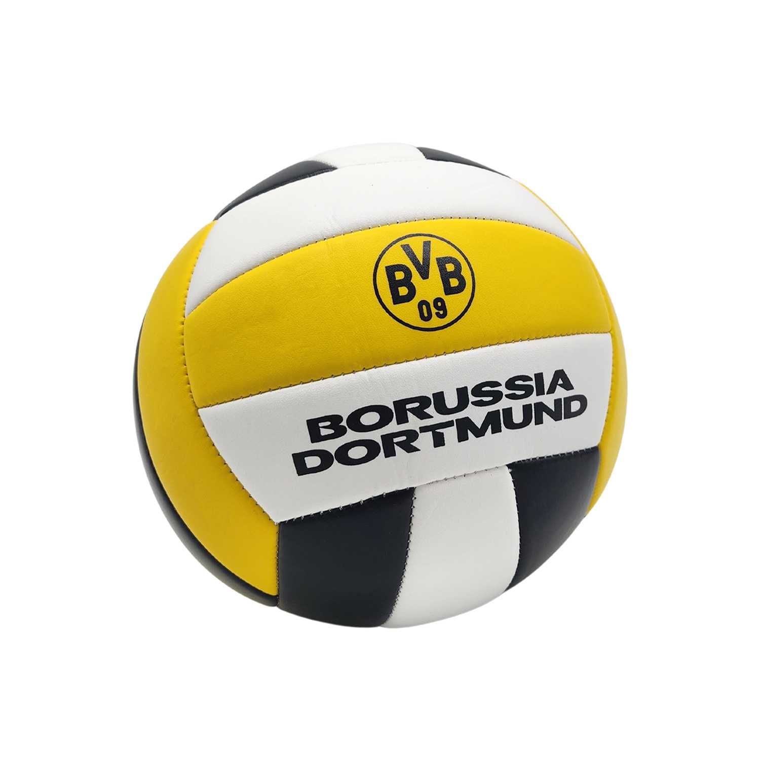 BVB-Volleyball in schwarzgelbem Design mit weißen und schwarzen Panels, BVB-Emblem und "Borussia Dortmund" Schriftzug in der Vorderansicht.