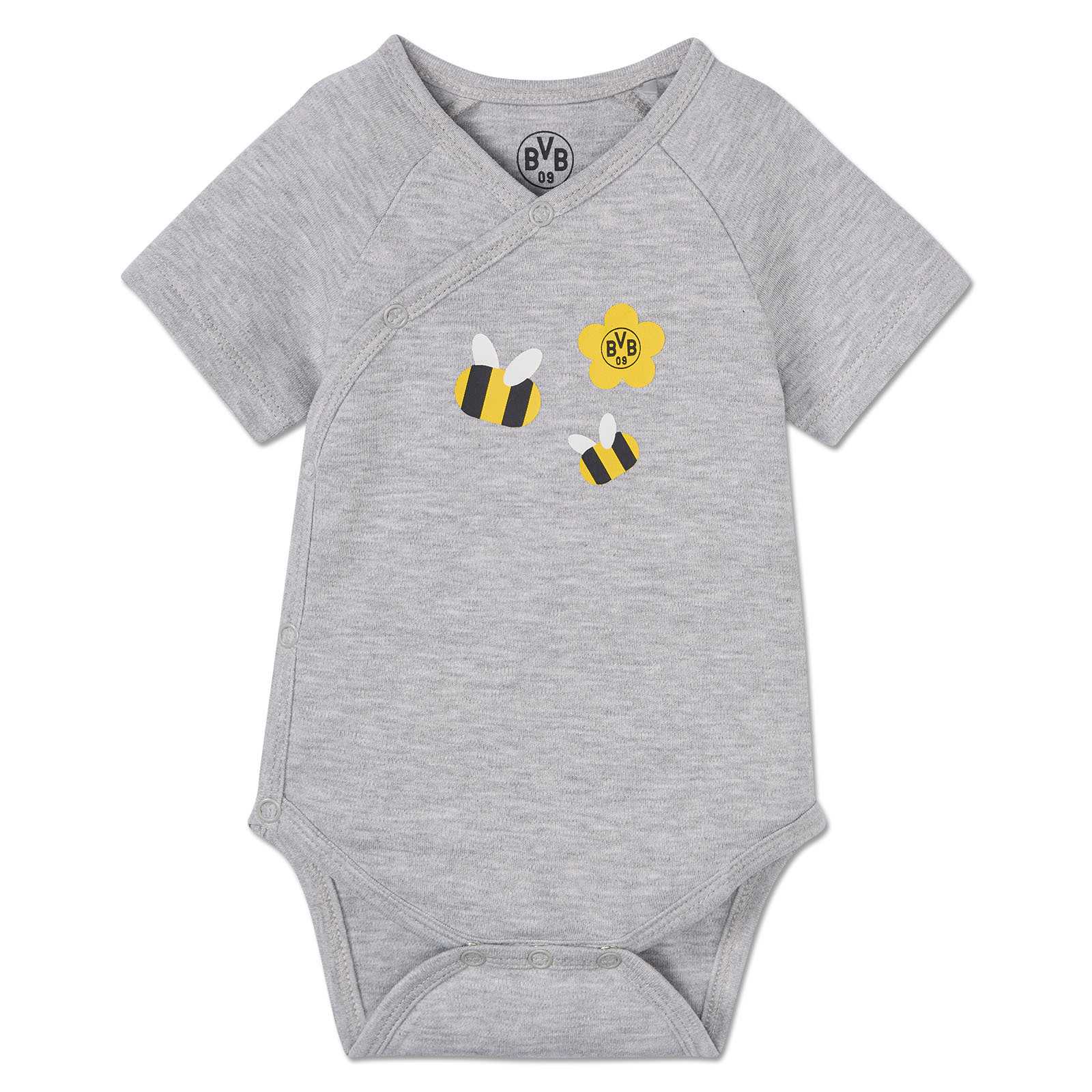 Vorderansicht des grauen BVB Bienen Body Baby mit zwei Bienen, gelber Blume mit BVB-Emblem und kurzen Ärmeln.