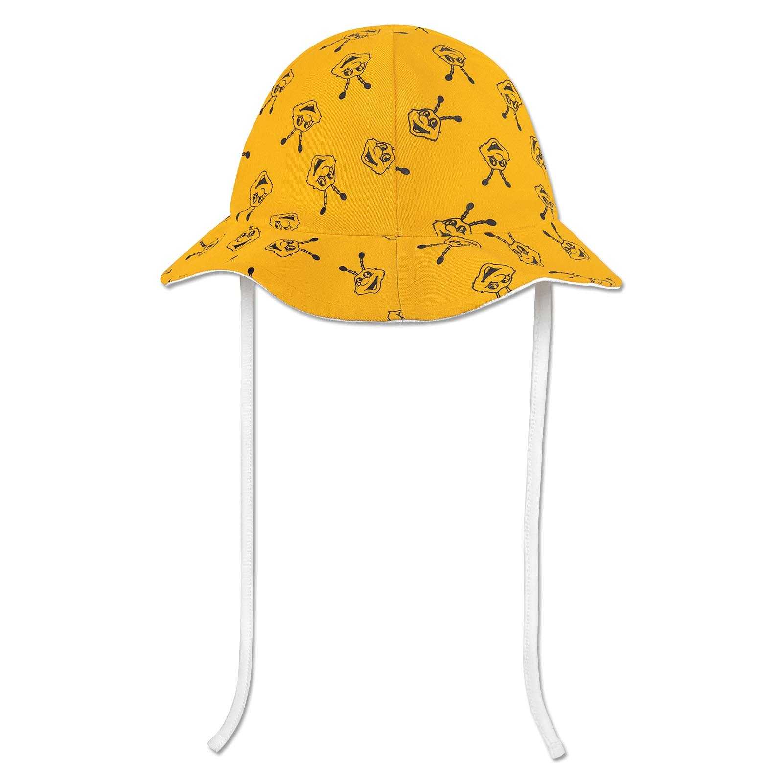 Vorderansicht des gelben BVB Wendehuts Baby mit schwarzem EMMA-Muster und weißen Bindebändern. Ideal für kleine Borussia Dortmund Fans.