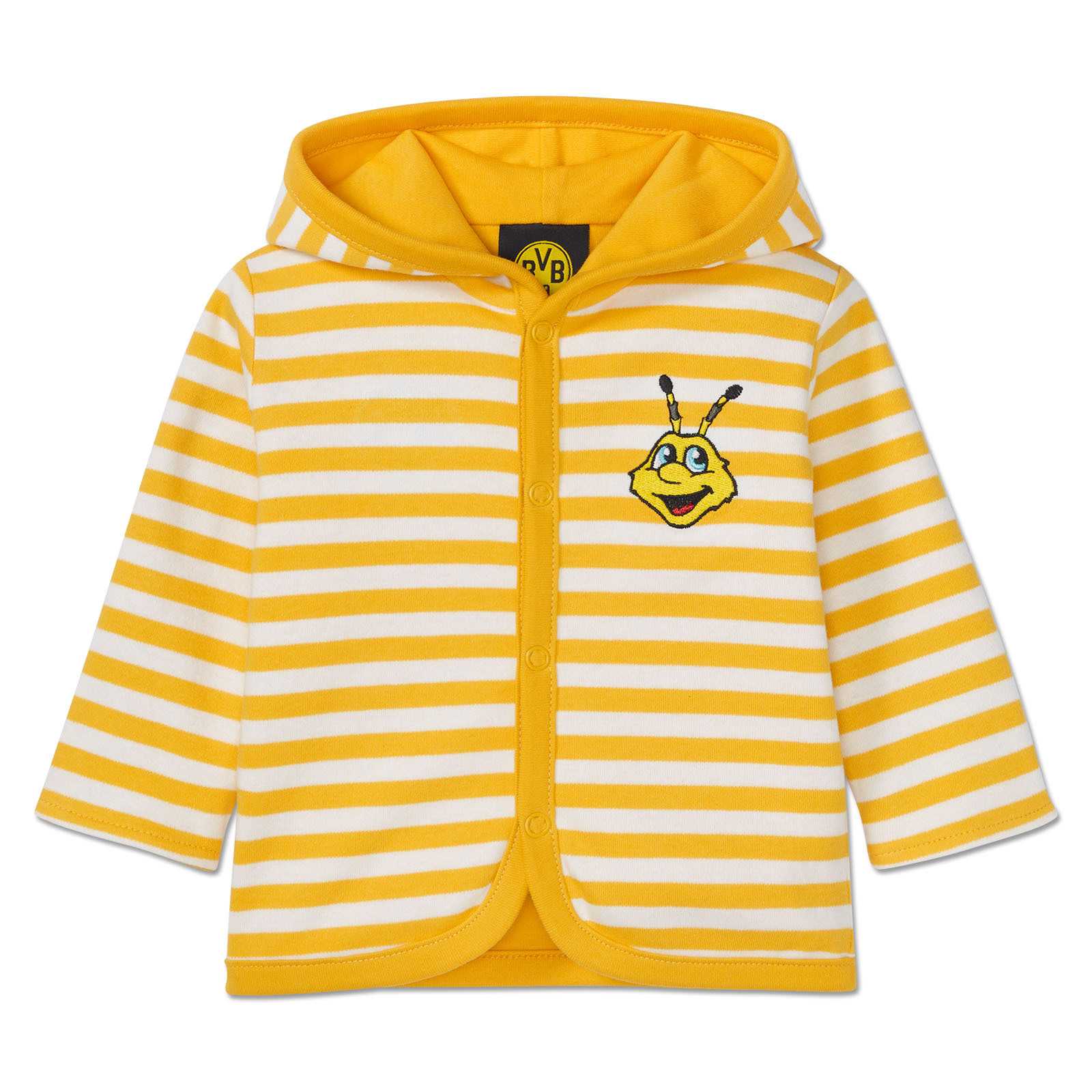 Vorderansicht der BVB Wendejacke Baby in gelb-weißen Streifen mit Kapuze und gesticktem EMMA-Motiv sowie BVB-Emblem am Halsausschnitt.