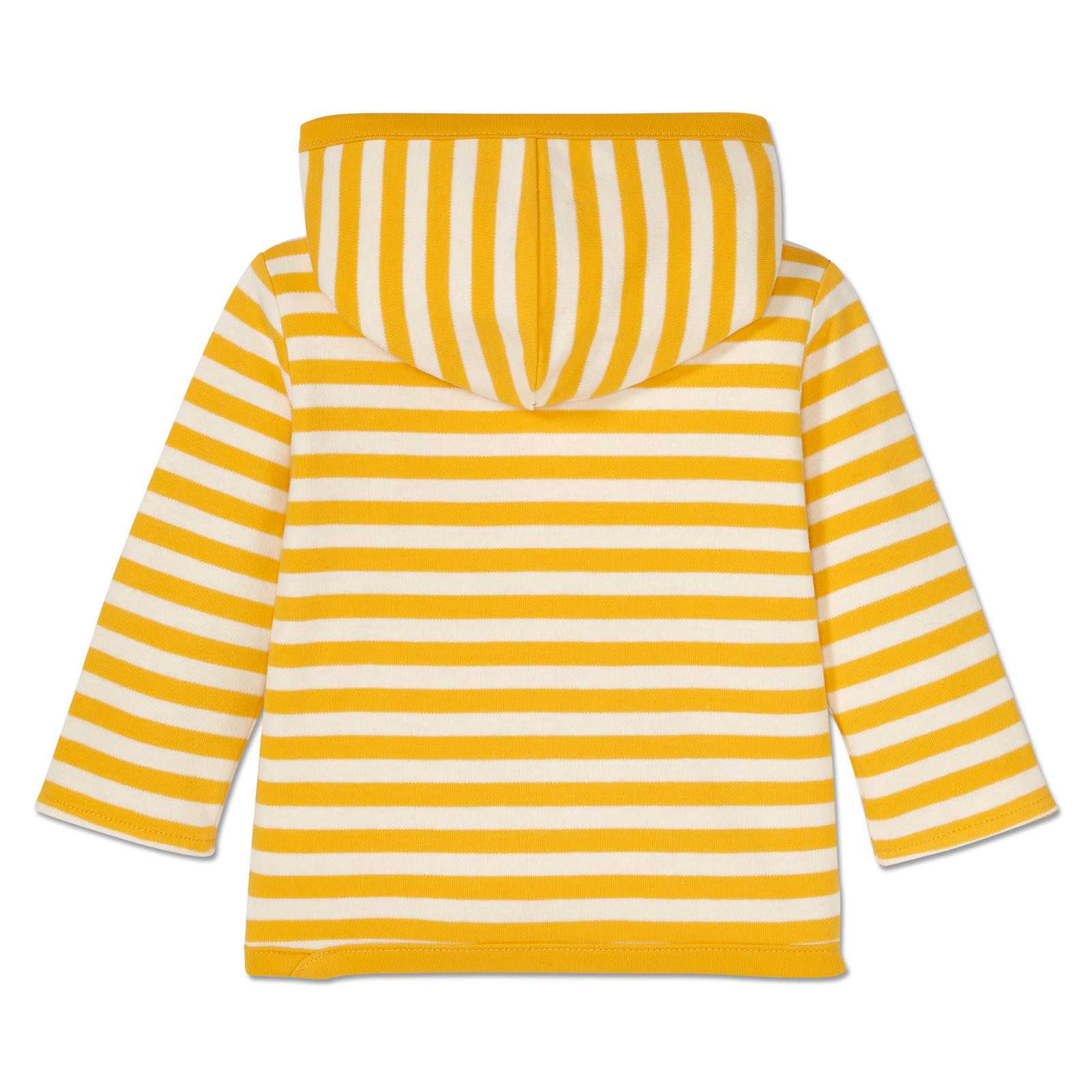 Rückansicht der BVB Wendejacke Baby mit gelb-weißen Streifen und Kapuze, ohne sichtbares BVB-Emblem oder Branding.
