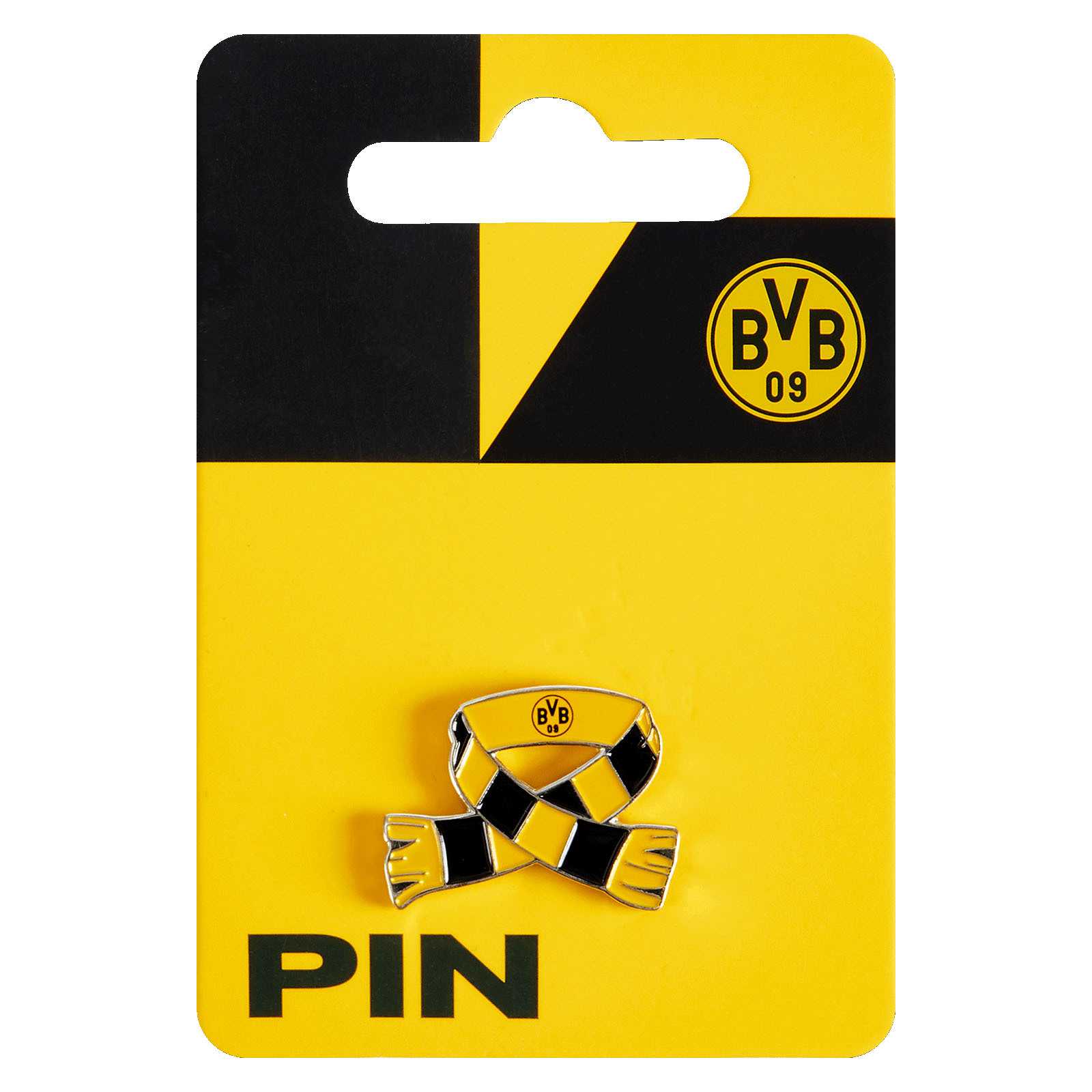 Vorderansicht des BVB Pin Schal in schwarzgelb mit BVB-Emblem auf gelber Verpackung, das Design zeigt einen Schal im schwarzgelben Muster.