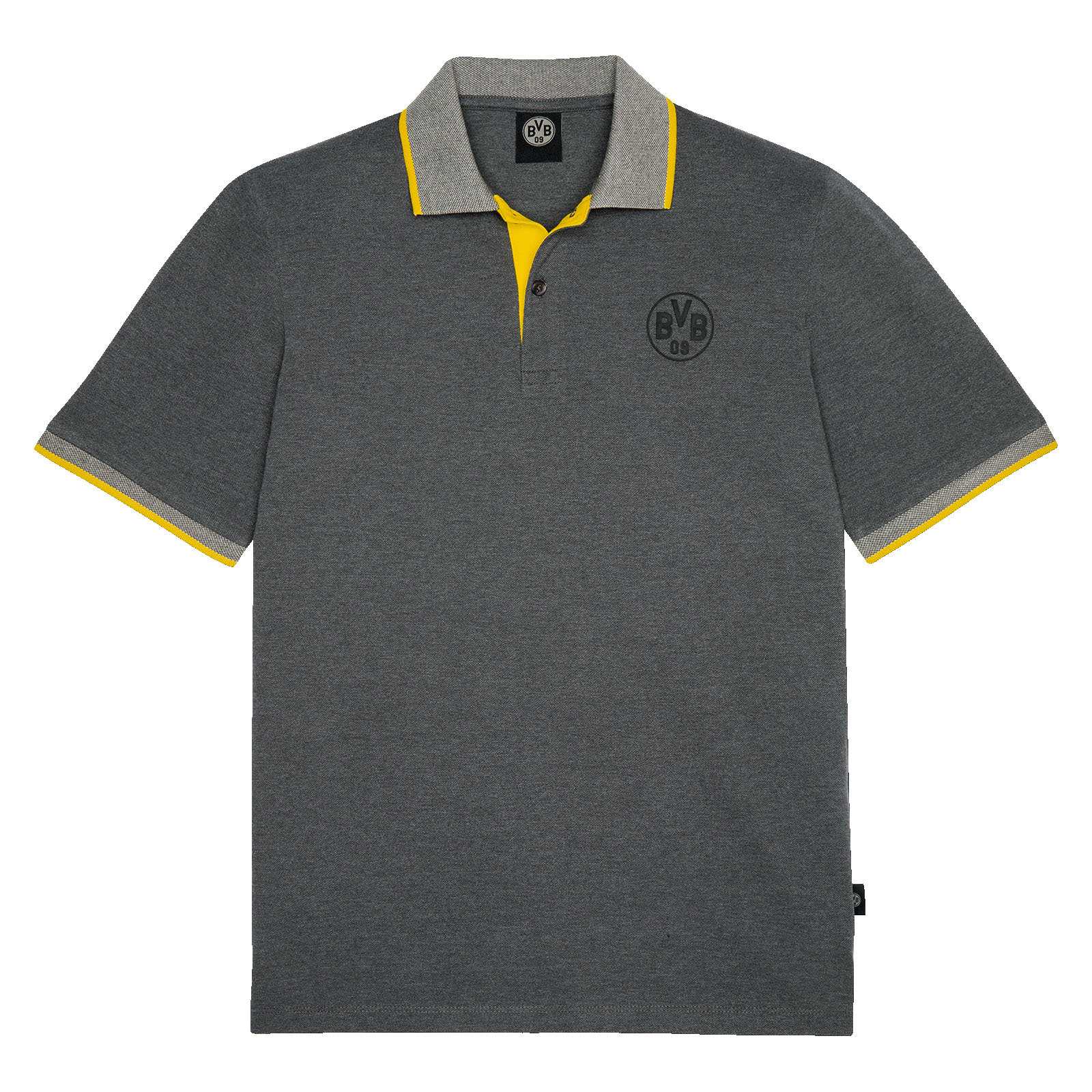 Vorderansicht des grauen BVB Poloshirts mit gelben und grauen Details am Kragen und Ärmel. Auf der Brust ist das BVB-Emblem zu sehen.