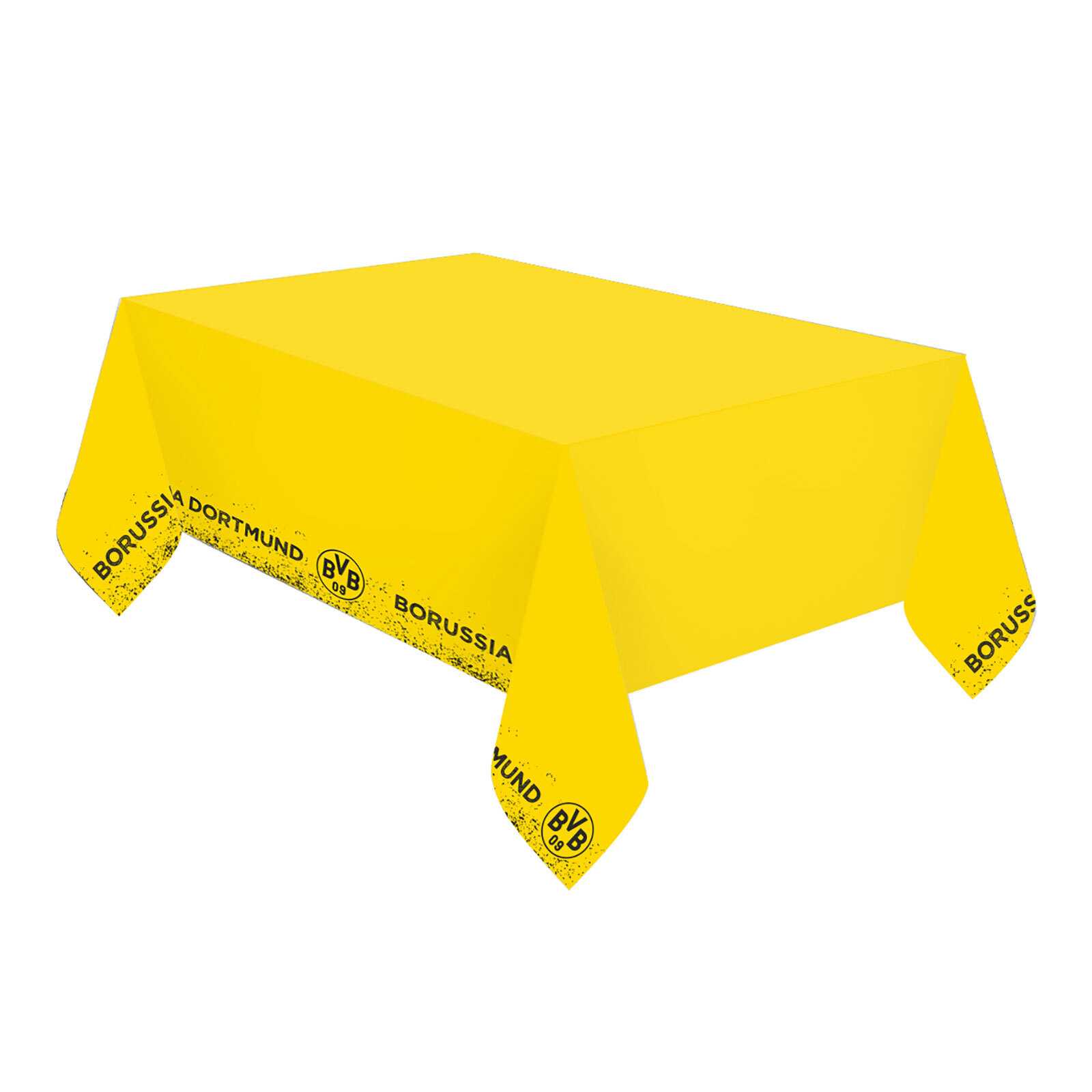 Schrägansicht der gelben BVB Tischdecke aus Papier (120 x 180 cm) mit BVB-Emblem und "Borussia Dortmund"-Schriftzug am Rand.