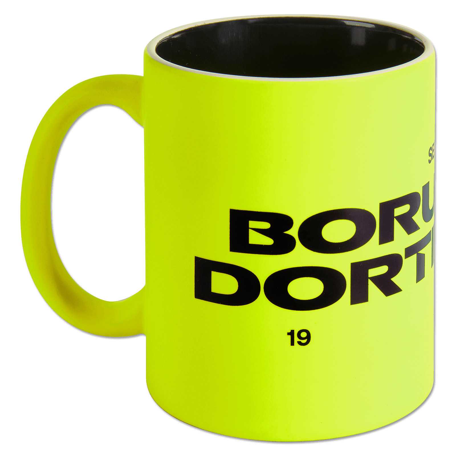 Frontalansicht der BVB Tasse Neon in leuchtendem Gelb mit schwarzem Schriftzug "BORUSSIA DORTMUND" und dunkler Innenfläche.