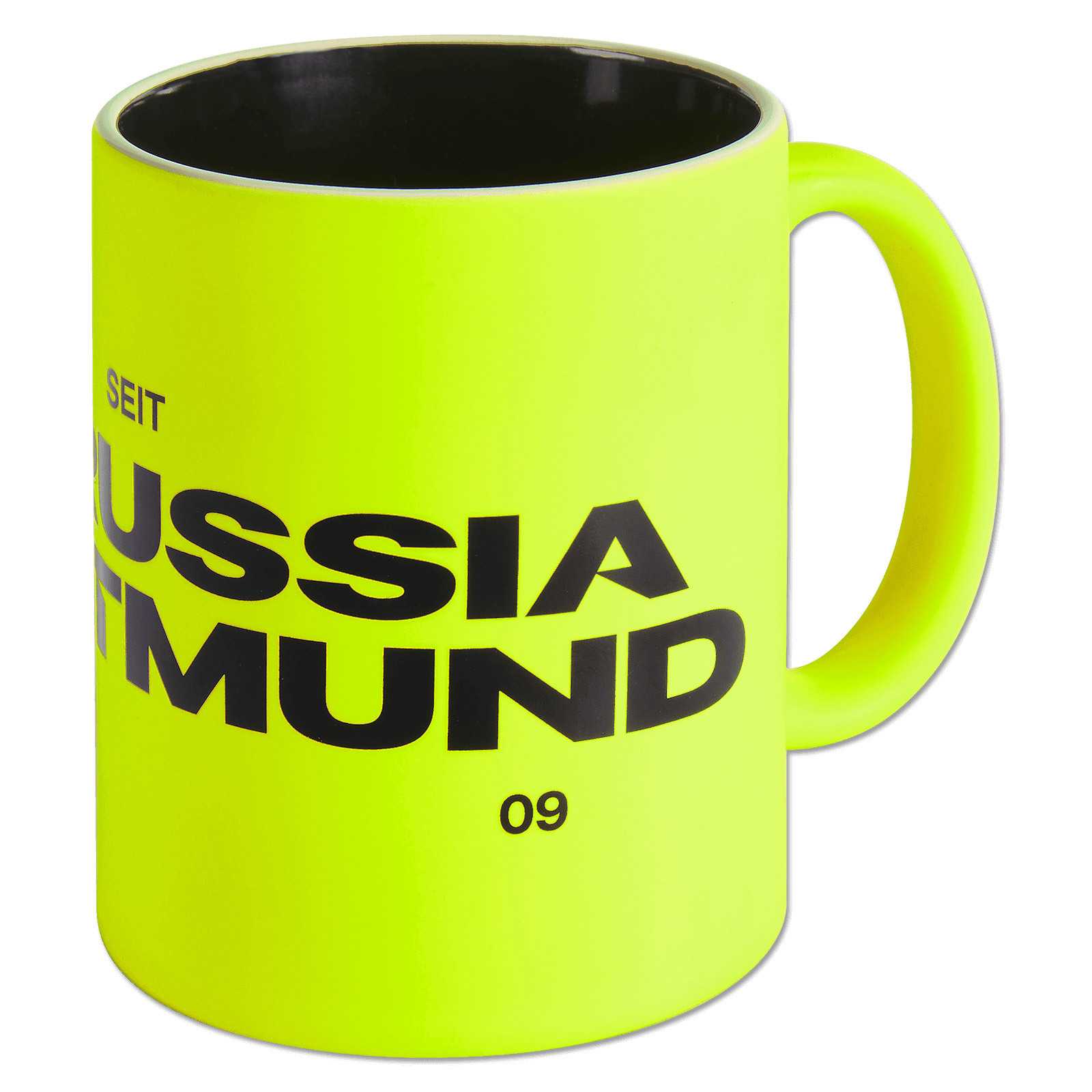 Frontalansicht der BVB Tasse Neon in leuchtendem Gelb mit schwarzem Innenraum und großem “Borussia Dortmund 09”-Schriftzug auf der Seite.