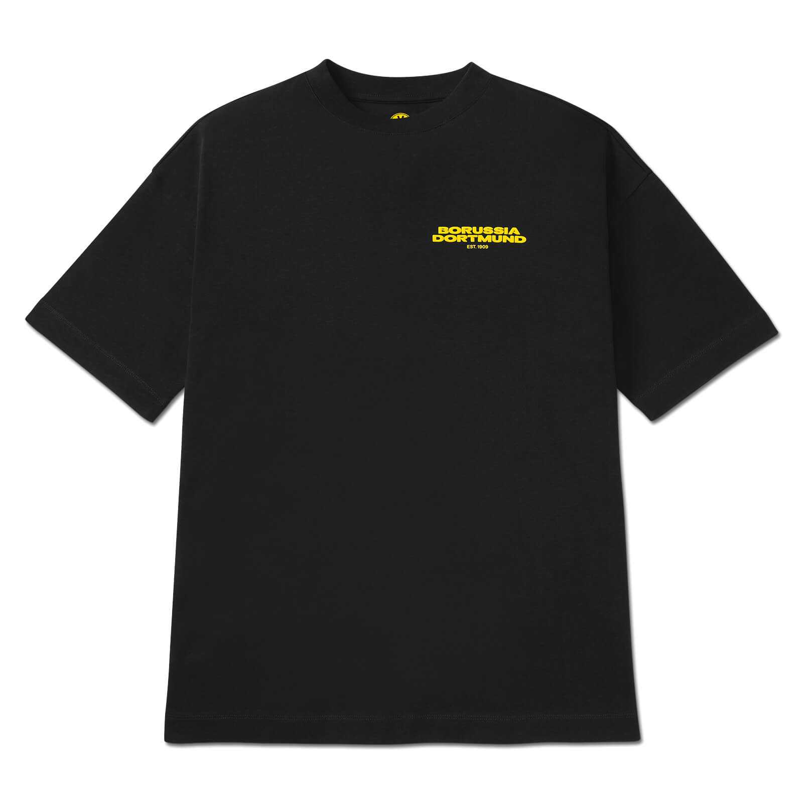 Vorderansicht des BVB Urban Tee anthra in Anthrazit mit gelbem "Borussia Dortmund"-Schriftzug auf der Brust. Kein BVB-Emblem sichtbar.