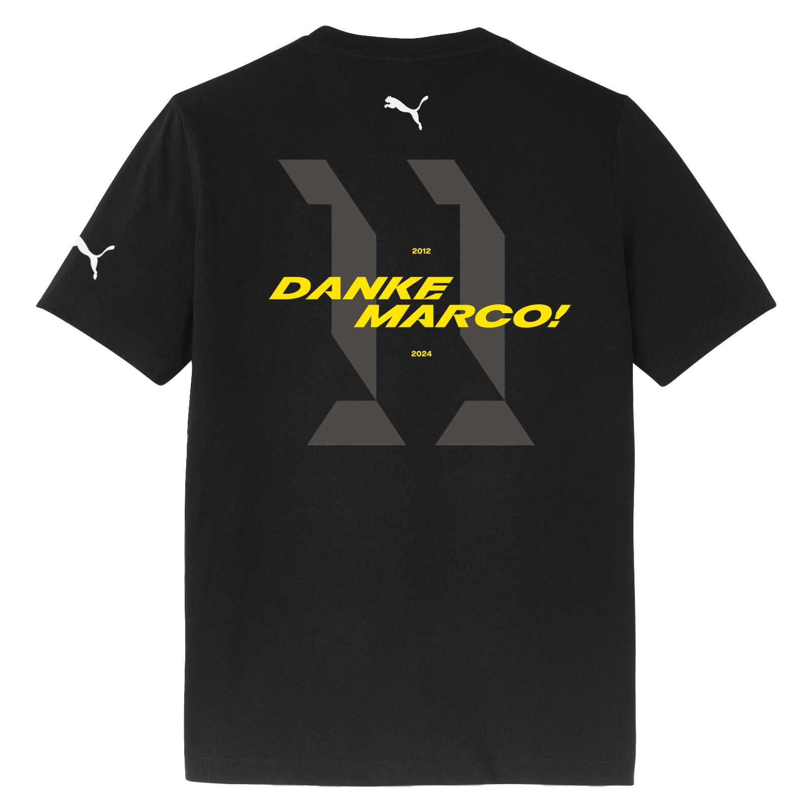 Rückansicht des schwarzgelben BVB-T-Shirts Abschied Reus Kinder mit großem "11", gelbem Schriftzug "DANKE MARCO!" und Puma-Logo auf Rücken und Ärmel.