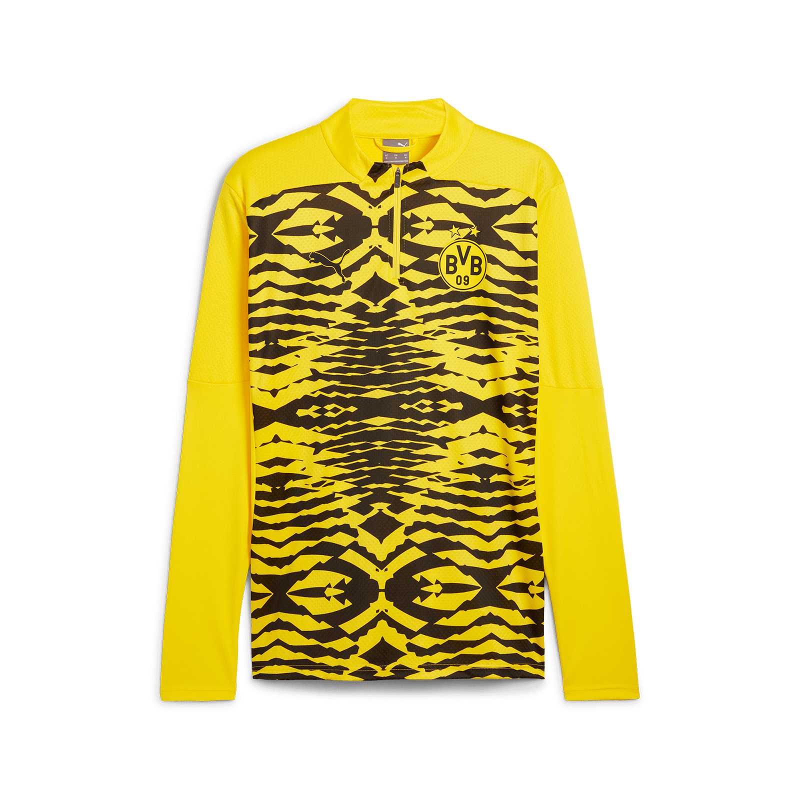 Vorderansicht des BVB Prematch Sweat in schwarzgelb mit auffälligem Muster und BVB-Emblem auf der Brust.