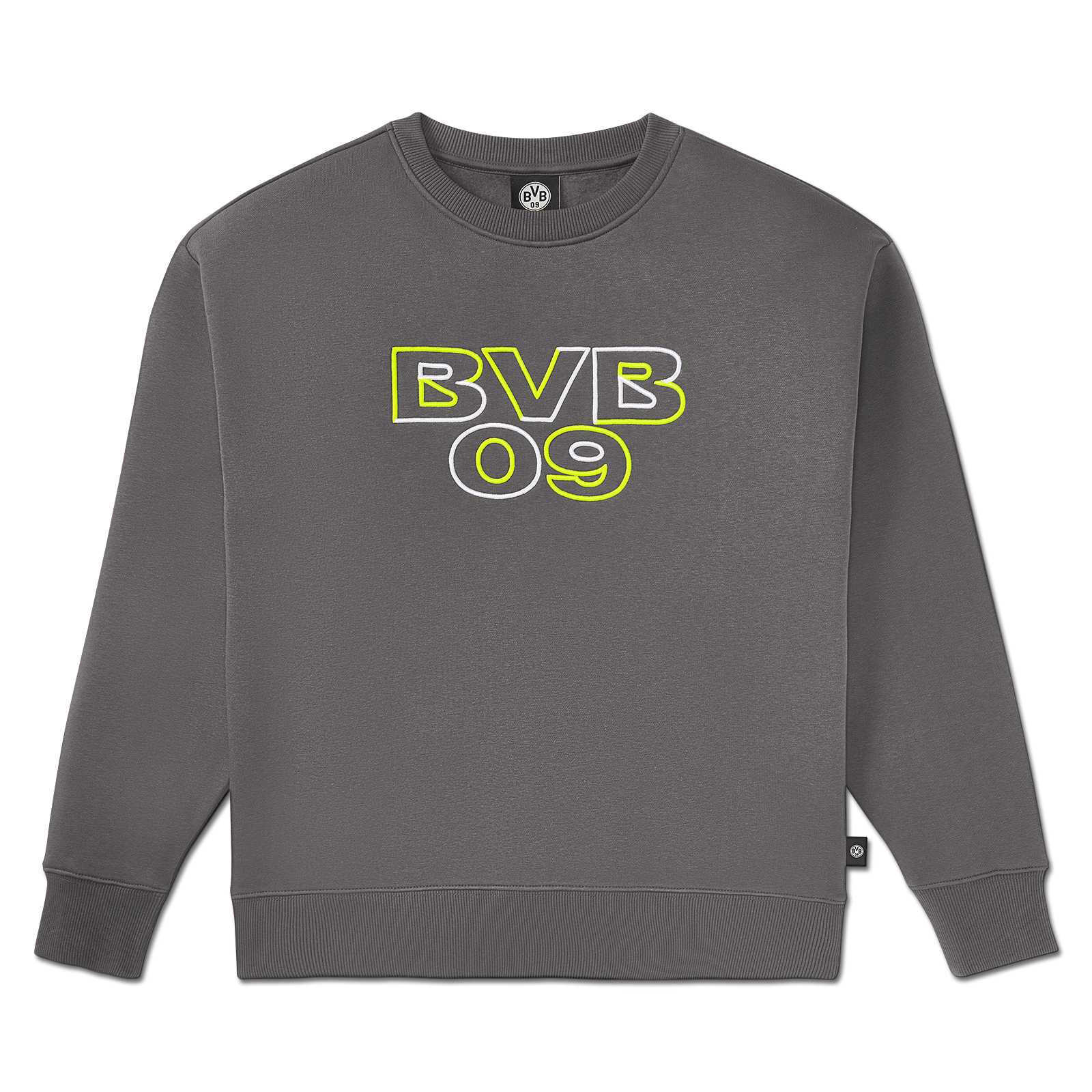 Vorderansicht des BVB Neon Crewneck Damen in Grau mit auffälligem "BVB 09"-Schriftzug in Neon-Gelb und Weiß auf der Brust, BVB-Emblem im Kragen.
