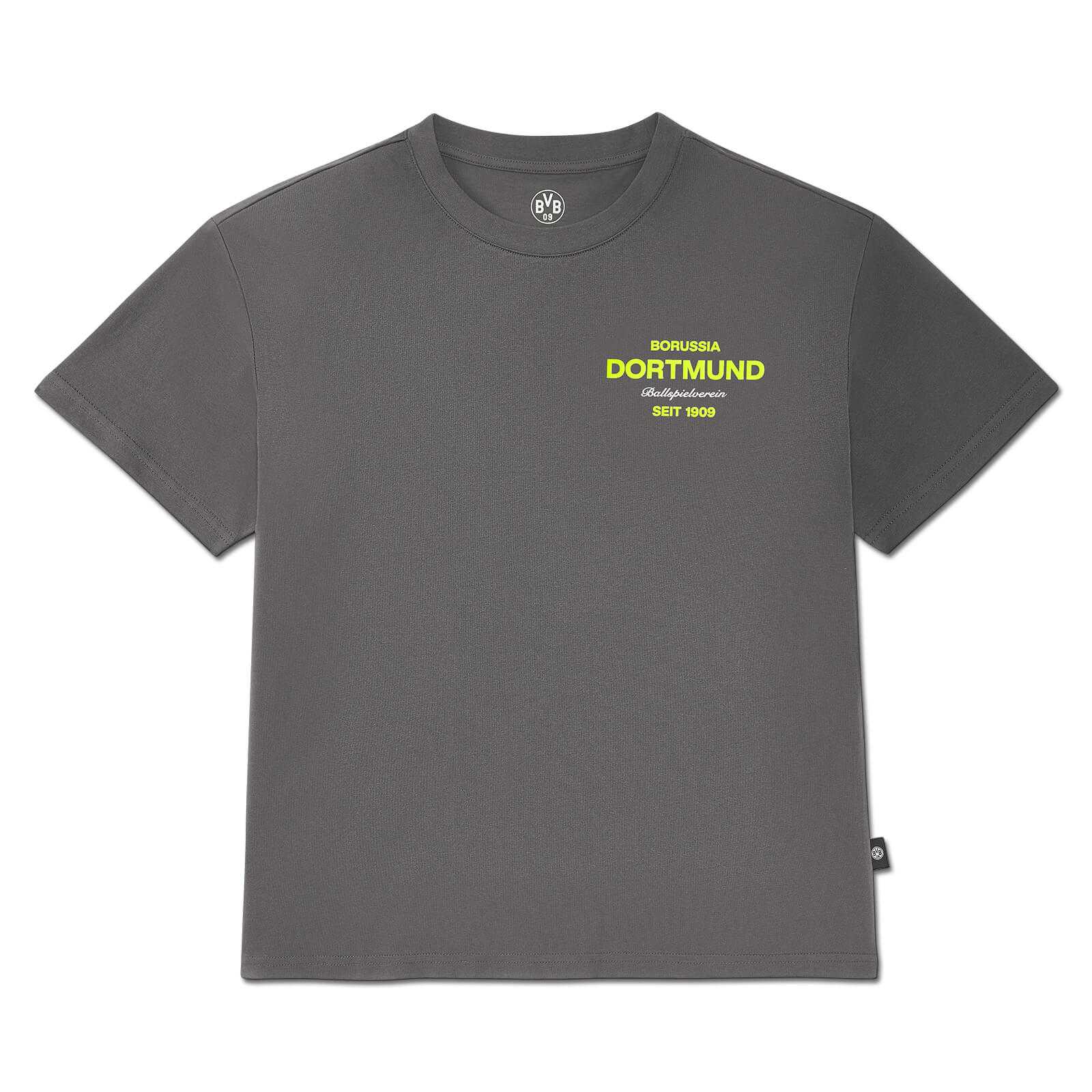 Vorderansicht des BVB Neon T-Shirt Damen in Grau mit gelbem Borussia Dortmund Schriftzug auf der Brust und kleinem BVB-Emblem am Kragen.
