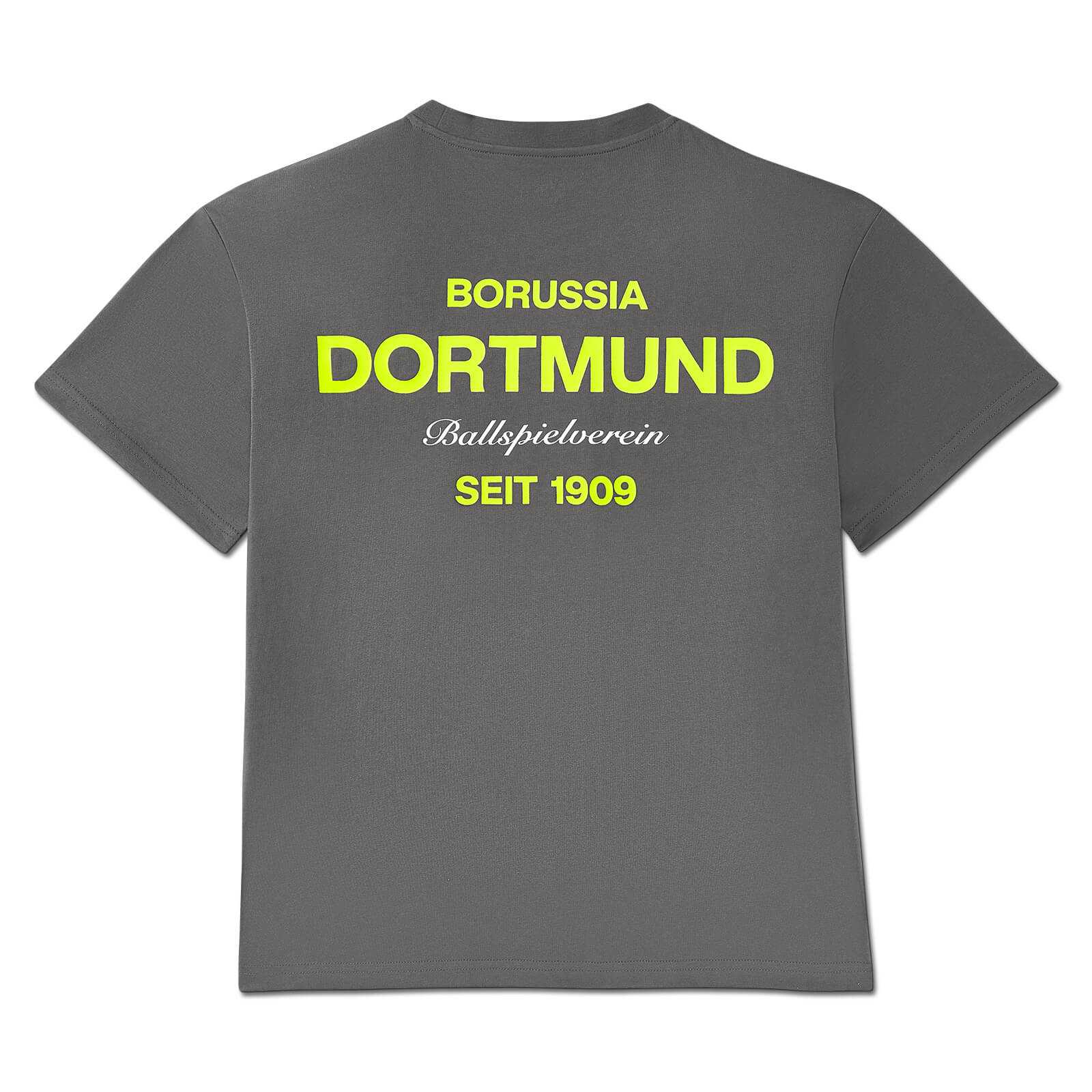 Rückansicht des BVB Neon T-Shirt Damen in Grau mit neongelbem "Borussia Dortmund" Schriftzug und "Seit 1909" auf dem Rücken.
