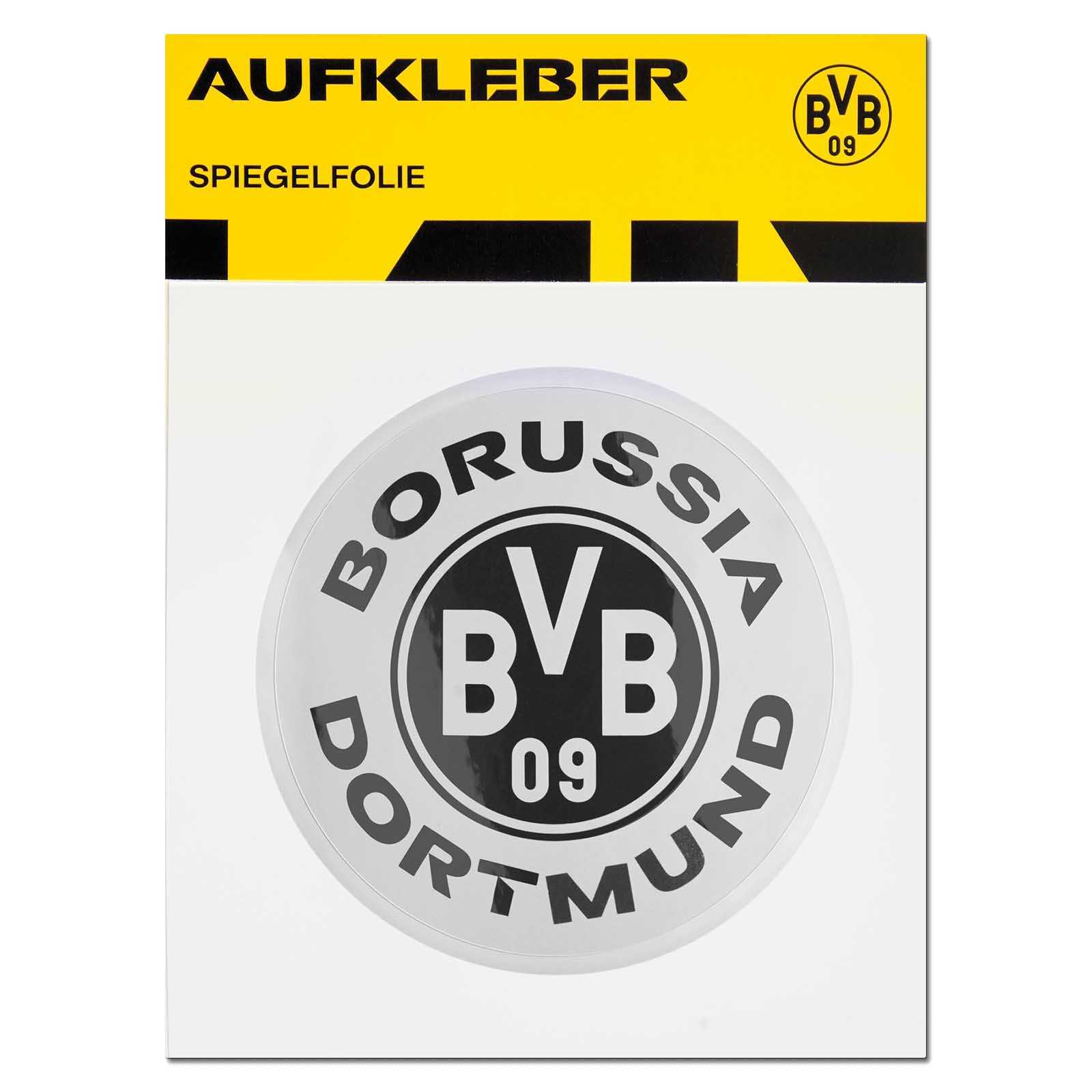Vorderansicht des BVB Sticker Spiegelfolie mit rundem BVB-Emblem in silber und schwarz auf transparenter Folie, verpackt auf weiß-gelber Karte.
