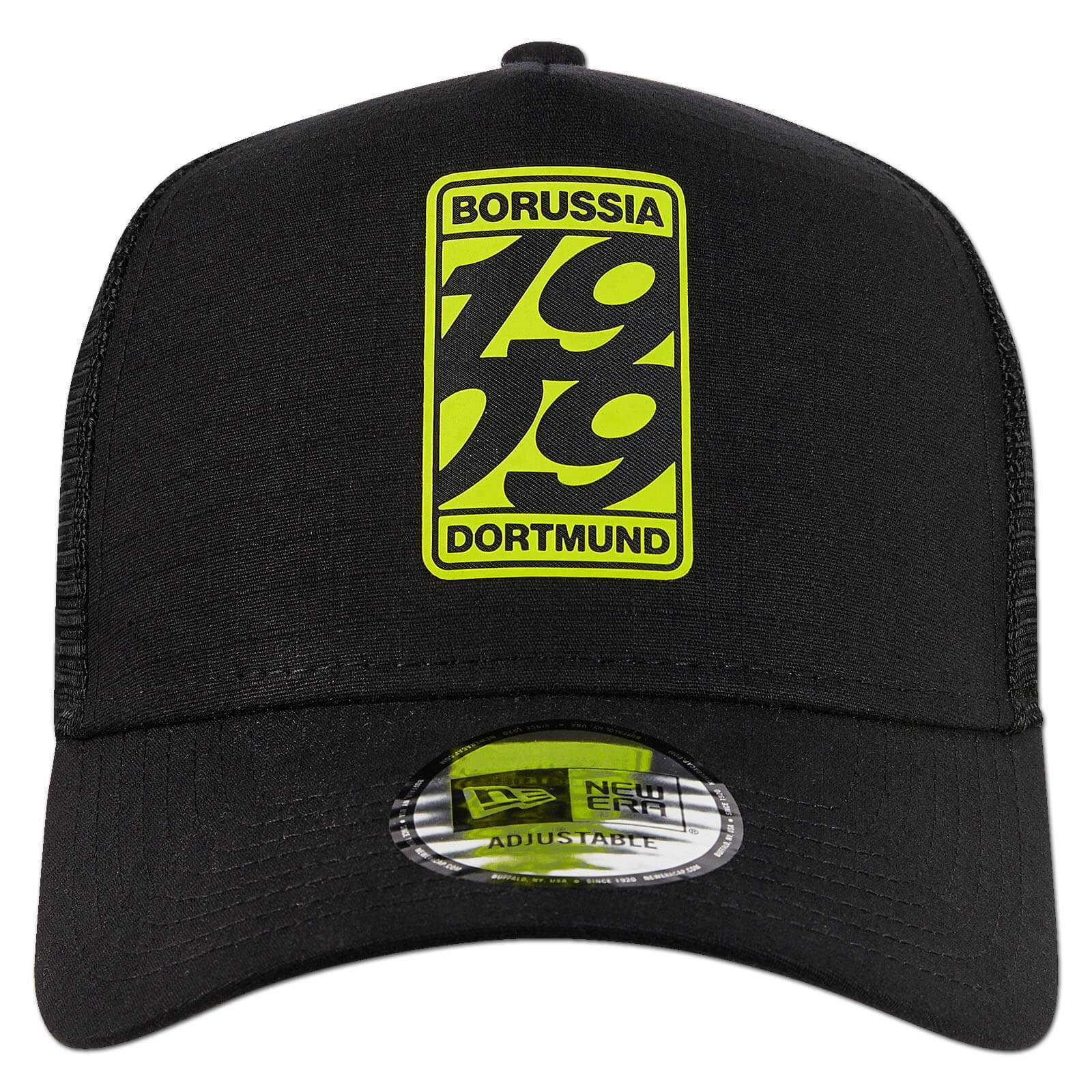 Frontansicht der schwarzgelben BVB Cap New Era 9FORTY Trucker 1909 mit großem "1909 Borussia Dortmund"-Print und New Era Logo auf dem Schild.