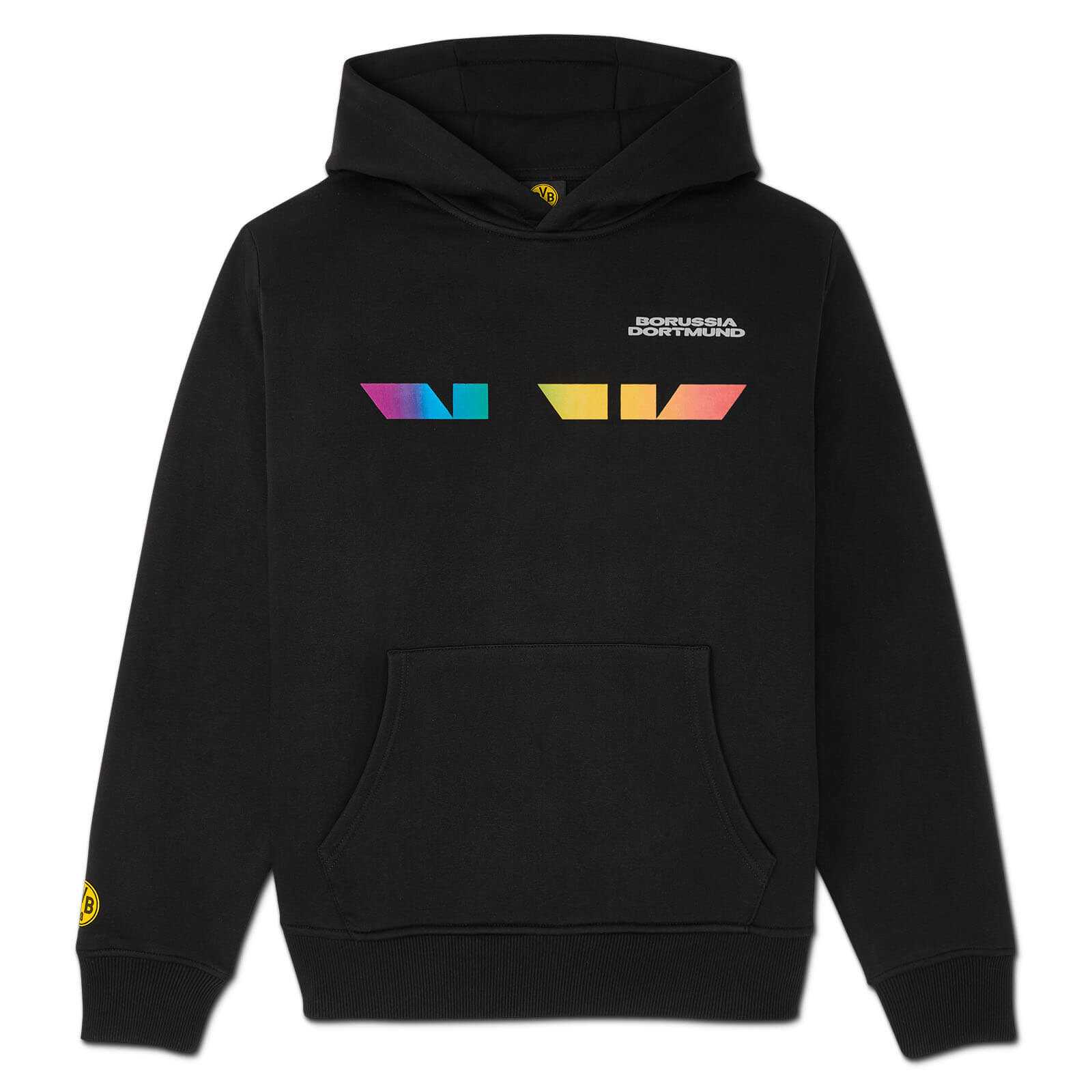 Vorderansicht des BVB Rainbow Hoodie Kinder in Schwarz mit buntem Print auf der Brust, weißem Borussia Dortmund-Schriftzug und BVB-Emblem am linken Ärmel.