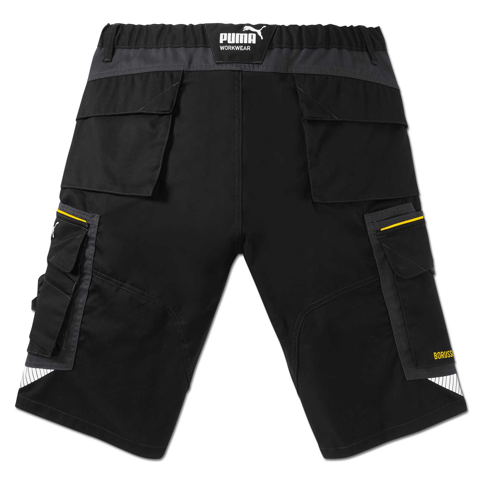 Rückansicht der schwarzgelben BVB Arbeitsshorts von Puma Workwear mit auffälligen Taschen und gelben Akzenten, "BORUSSIA" Schriftzug sichtbar.