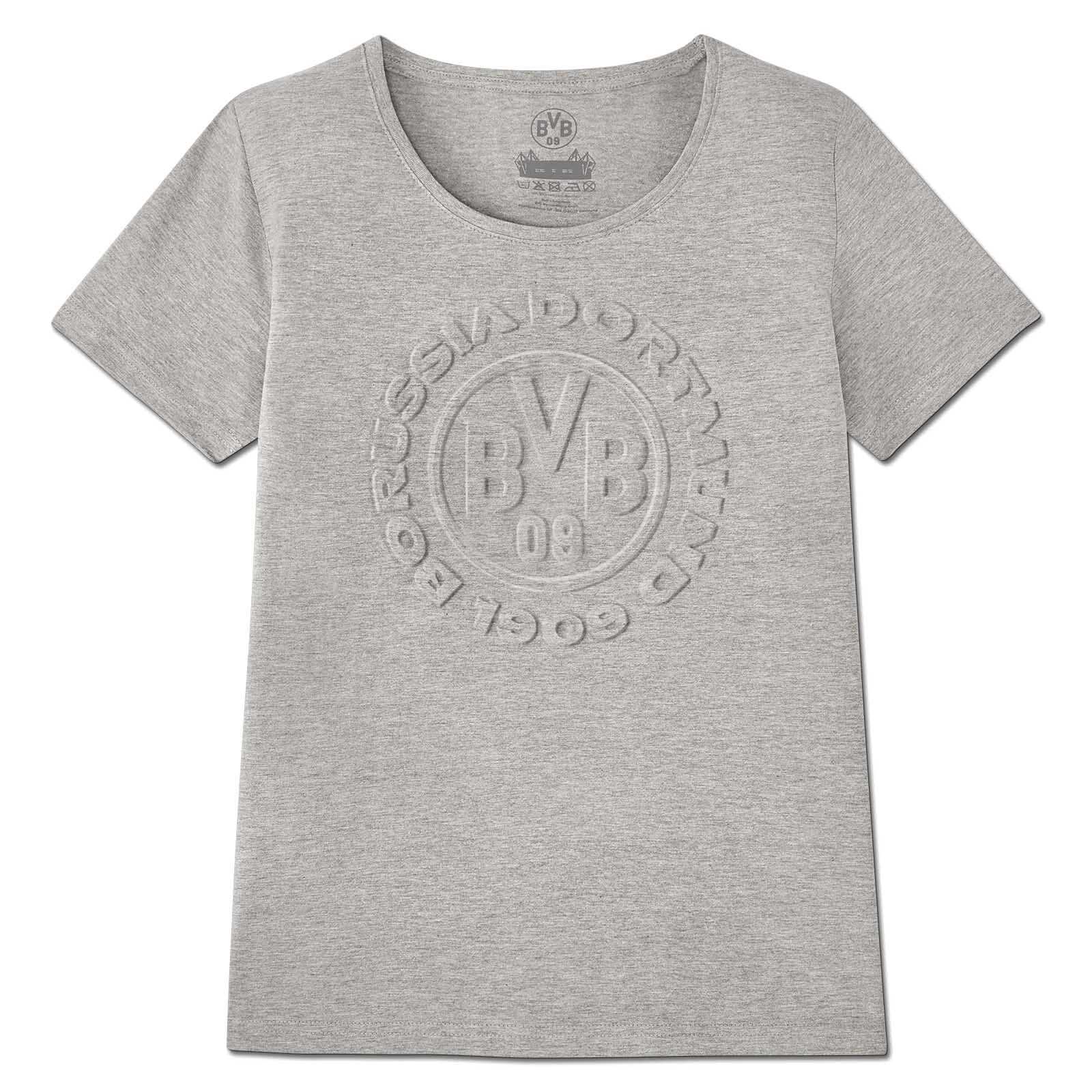 Vorderansicht des grauen BVB T-Shirt Logo für Frauen mit großem geprägten BVB-Emblem auf der Brust. Schlichtes Design ohne weitere Aufdrucke.