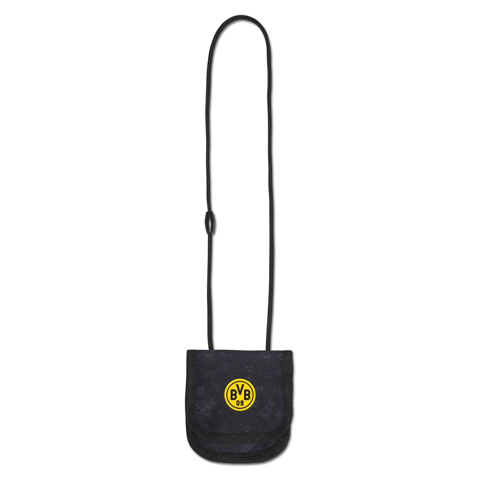 Frontalansicht des BVB Umhänge-Geldbeutel allover schwarz Kids mit langem Band und großem BVB-Emblem auf der Vorderseite.